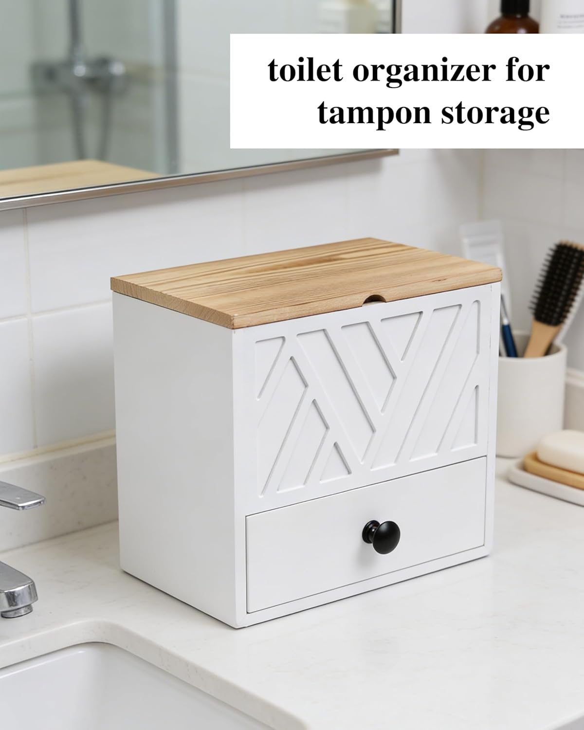 Tampon Holder for Bathroom Decor Feminine Product Organizer With Lid & Drawer Shark Week Box Girl Stuff (1, WHITE)