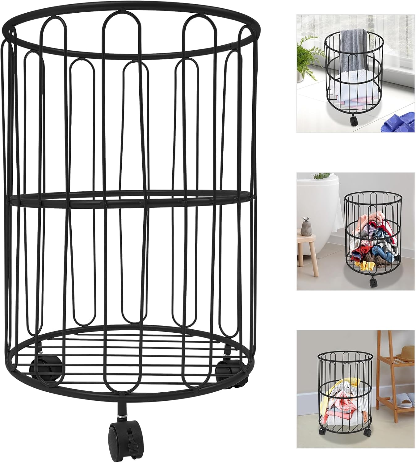Laundry Hamper with Wheels,Round Metal Laundry Basket Cart,Portable Laundry Hamper Sorter Cart,Bathroom Dirty Clothes Basket Toy Storage Basket (Black-Type 2)