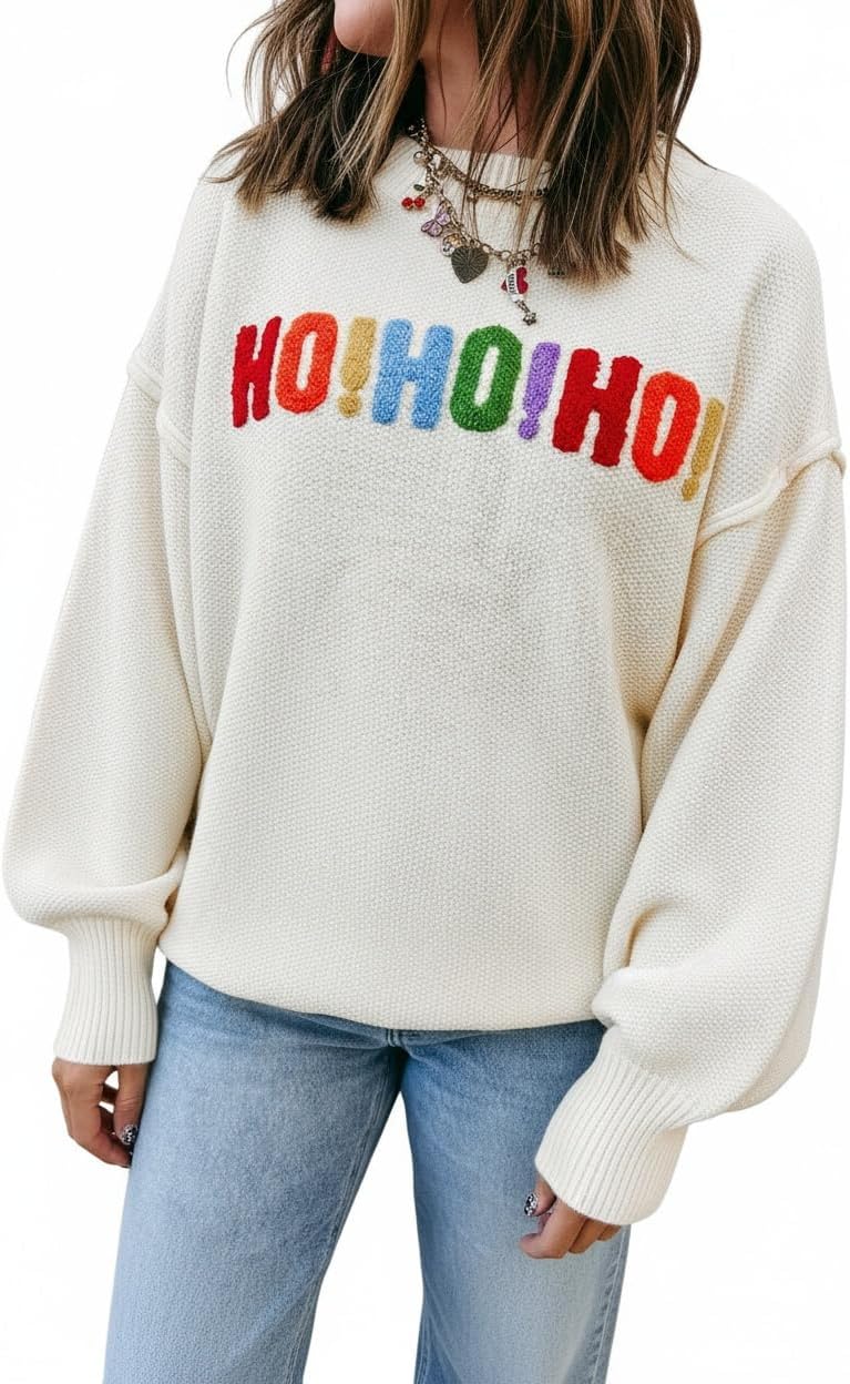 KevaMolly Womens Long Sleeve Sweaters HOHOHO Merry Christmas Drop Shoulder Casual Chenille Graphic Holiday Pullover Tops