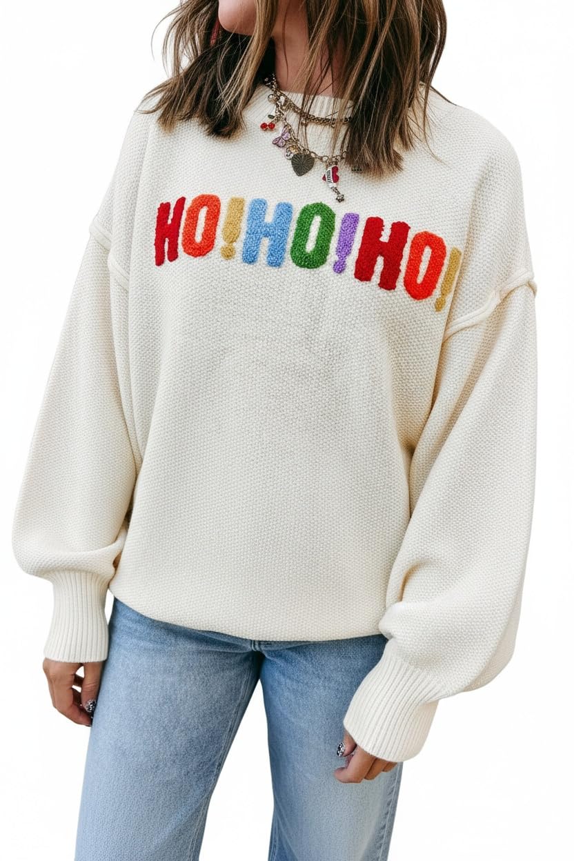 KevaMolly Womens Long Sleeve Sweaters HOHOHO Merry Christmas Drop Shoulder Casual Chenille Graphic Holiday Pullover Tops