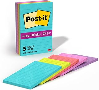 Post-it Super Sticky Notes, 4 x 6 in, Supernova Neons, 5 Lined Pads