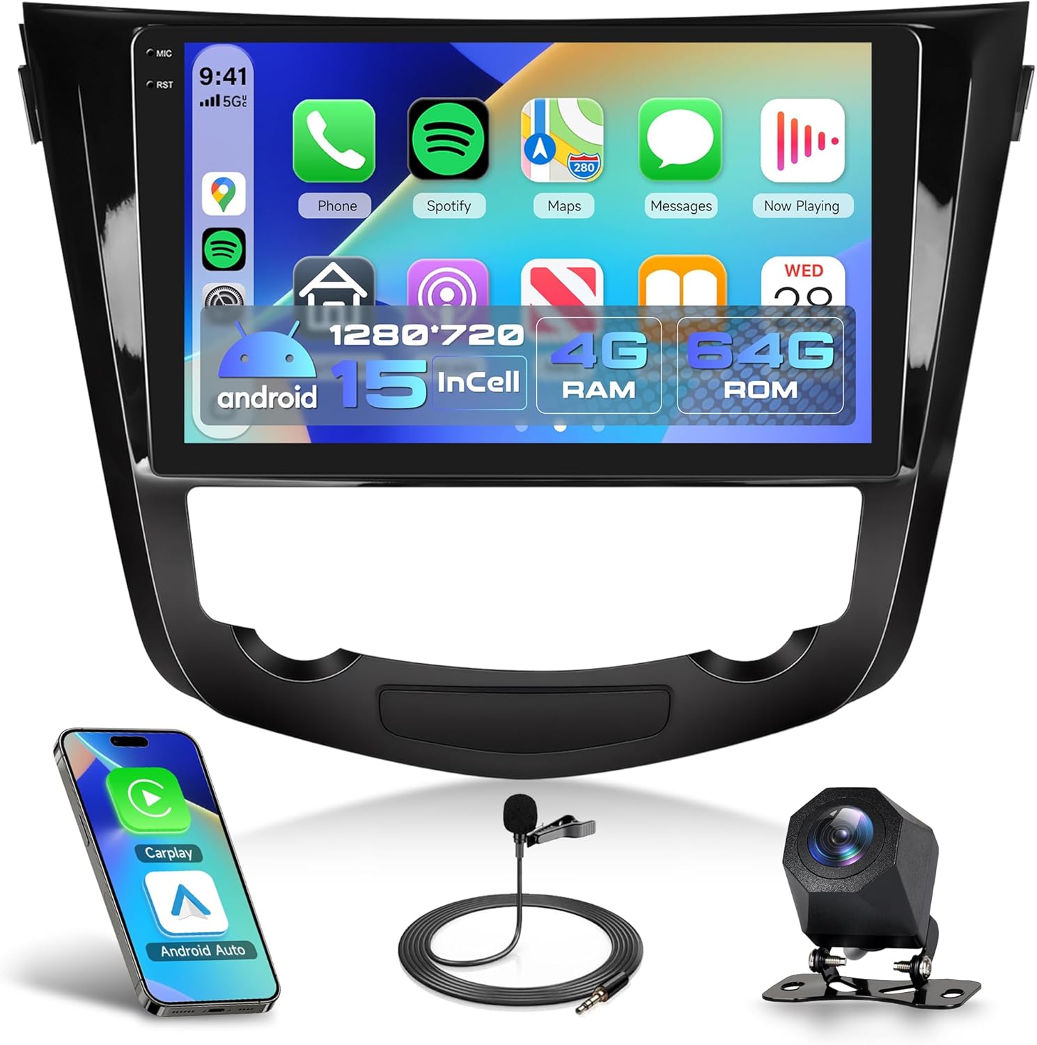 Rimoody 4G+64G Car Radio Carplay for Nissan Rogue 2014-2018 X-Trail Qashqai, Car Stereo Android 10.1 Inch Touch Screen Android Auto GPS Navigation Bluetooth FM EQ WiFi Backup Camera