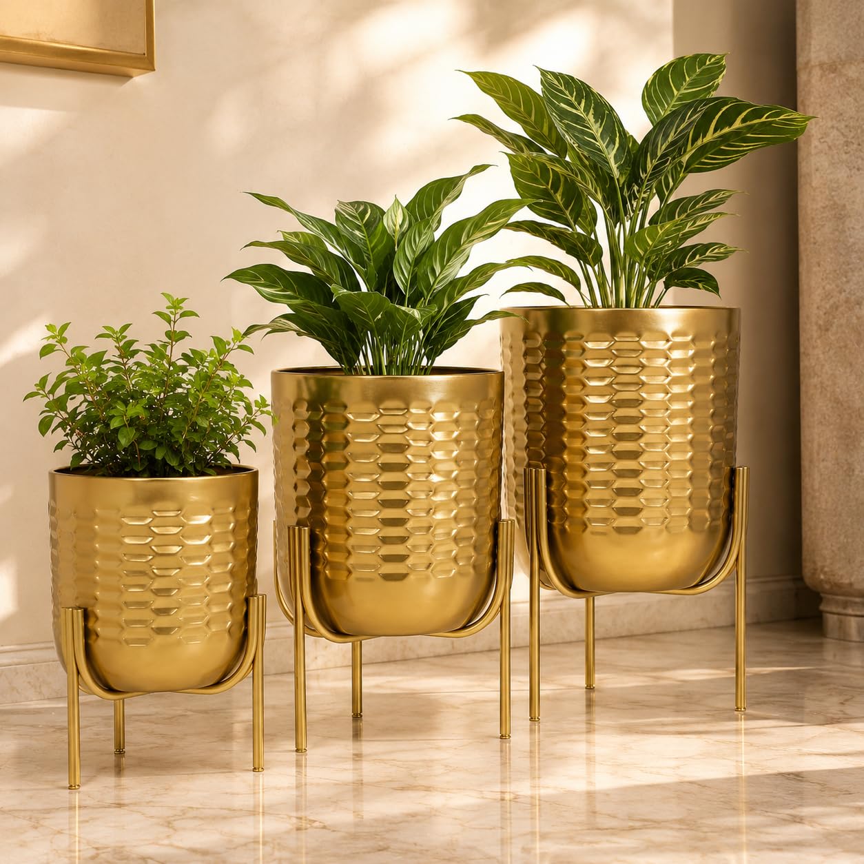 INDIAN DECORMART Metal Planter Set with Stand, Gold Honeycomb Pattern, 3 Different Sizes, Decorative Indoor Outdoor Plant Holders (Set of 3)-image-22