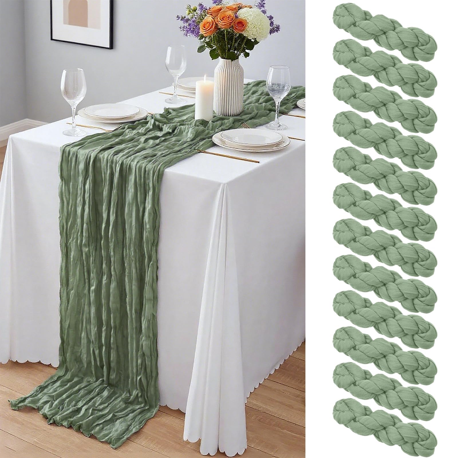 12 Pack Sage Green Cheesecloth Table Runner – Semi Sheer Gauze Table Runners 21.5 x 120 Inch,10FT Bulk Cheese Cloth Fabric Runner for Wedding, Party, Baby Shower, Bridal Shower