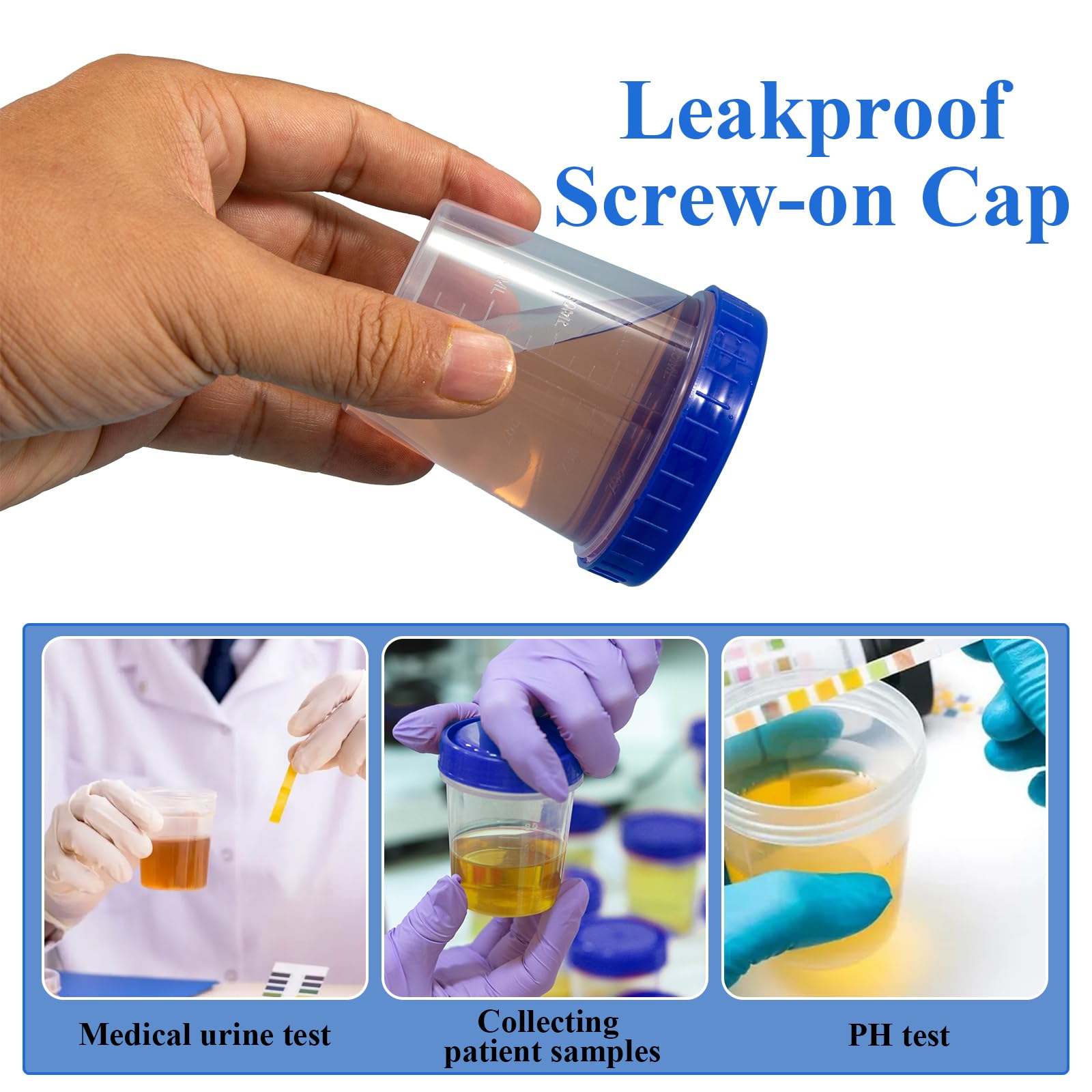 100 Stück Urinbecher mit Schraubdeckel 120ml - Auslaufsicherer Probenbecher mit Skala, Transparenter Probenbehälter für Urinproben, Labor & als Farbmischbecher (Blau)