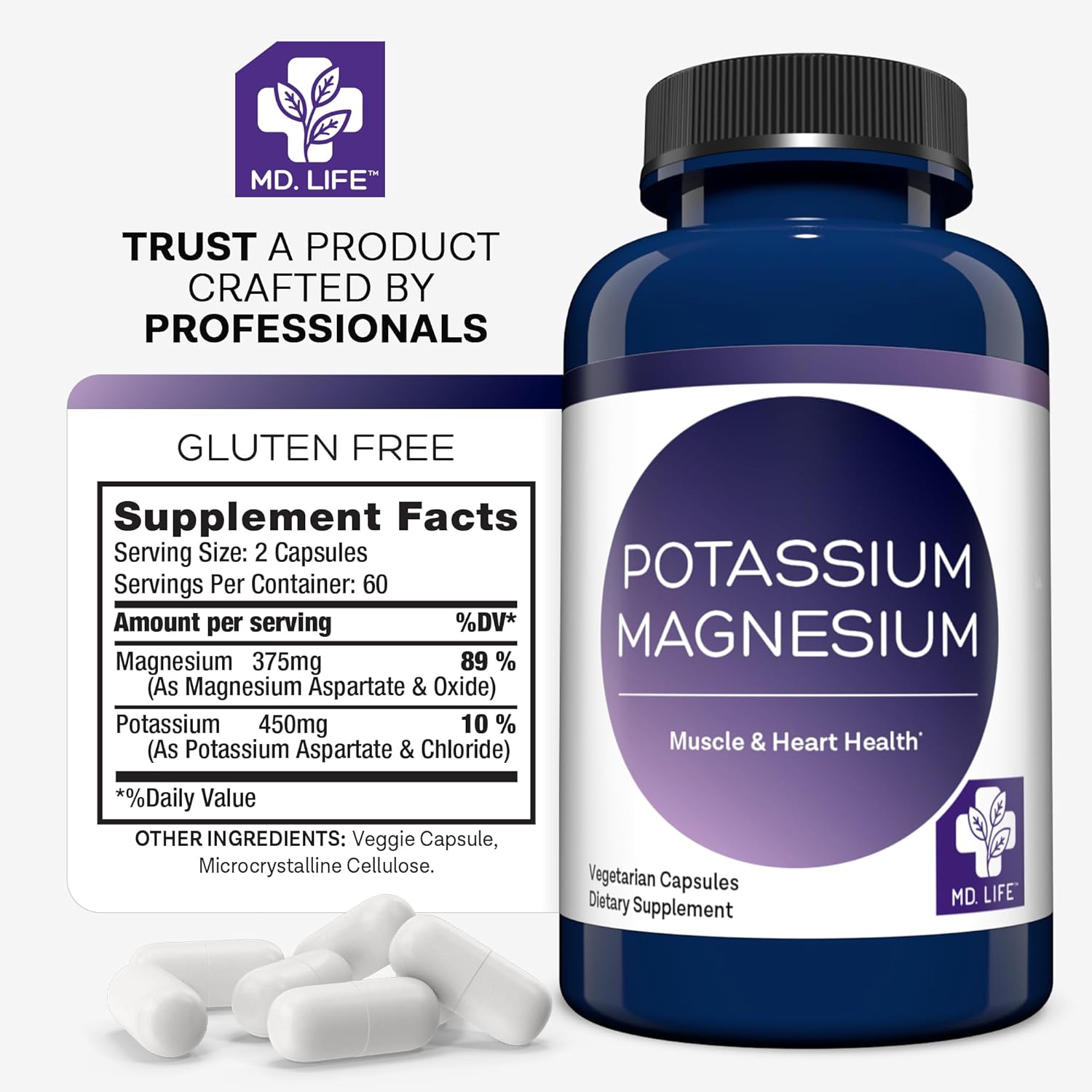MD. Life Potassium Magnesium Supplement - 120 Capsules - Magnesium Potassium Supplement - High Absorption Complex - Support Vascular Health & Leg Cramp