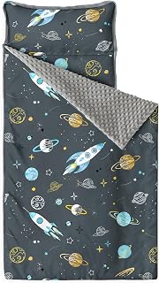 Wake In Cloud - Toddler Nap Mat with Pillow and Minky Fleece Blanket, for Kids Boys in Daycare Preschool Kindergarten, Roll Up Sleeping Bag, Space Rocket Planet Star
