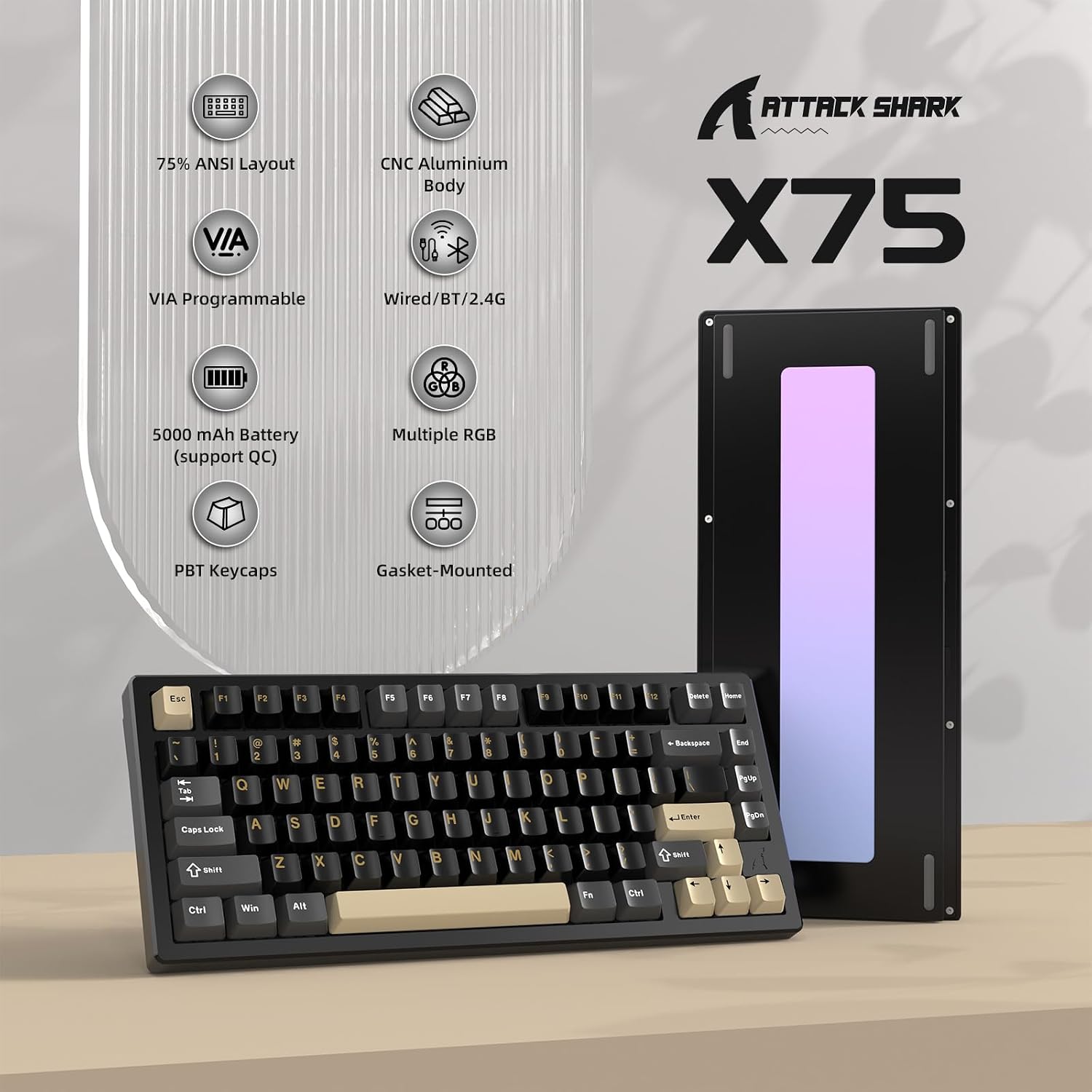 ATTACK SHARK X75-QMK Wireless Mechanical Gaming Keyboard - CNC Aluminum Alloy Shell, Customizable RGB Lighting Gasket Mount, Tri-Mode (2.4G/BT/Wired), VIA Compatible for WIN/MAC/PS4/Xbox-Cosmic Black image 2