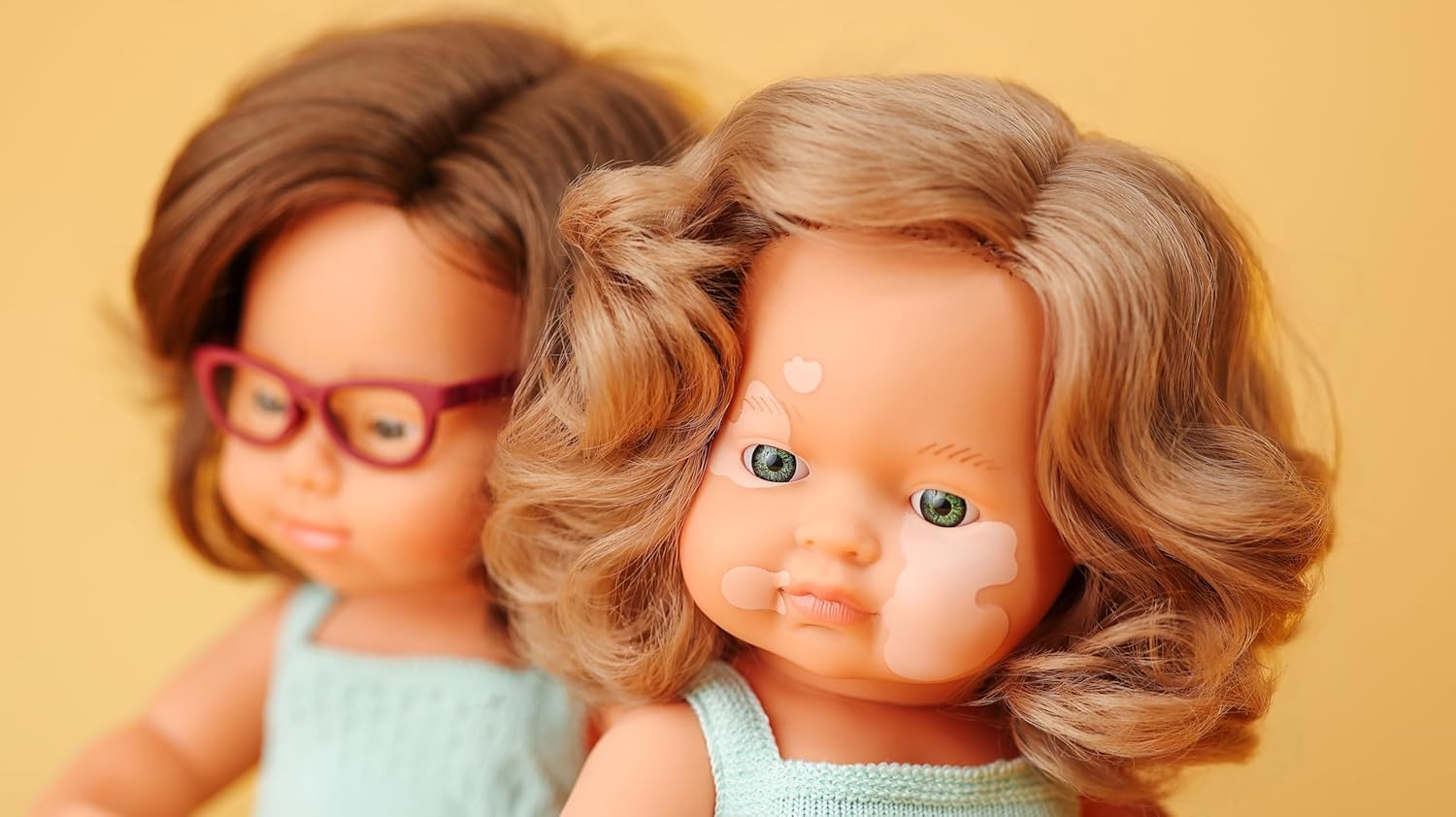Miniland Doll 15'' Colourful Edition Caucasian Girl with Down Syndrome and Glasses with Turquoise Rompers (Box) - Made in Spain, Anotomically Correct, Quality, Inclusion