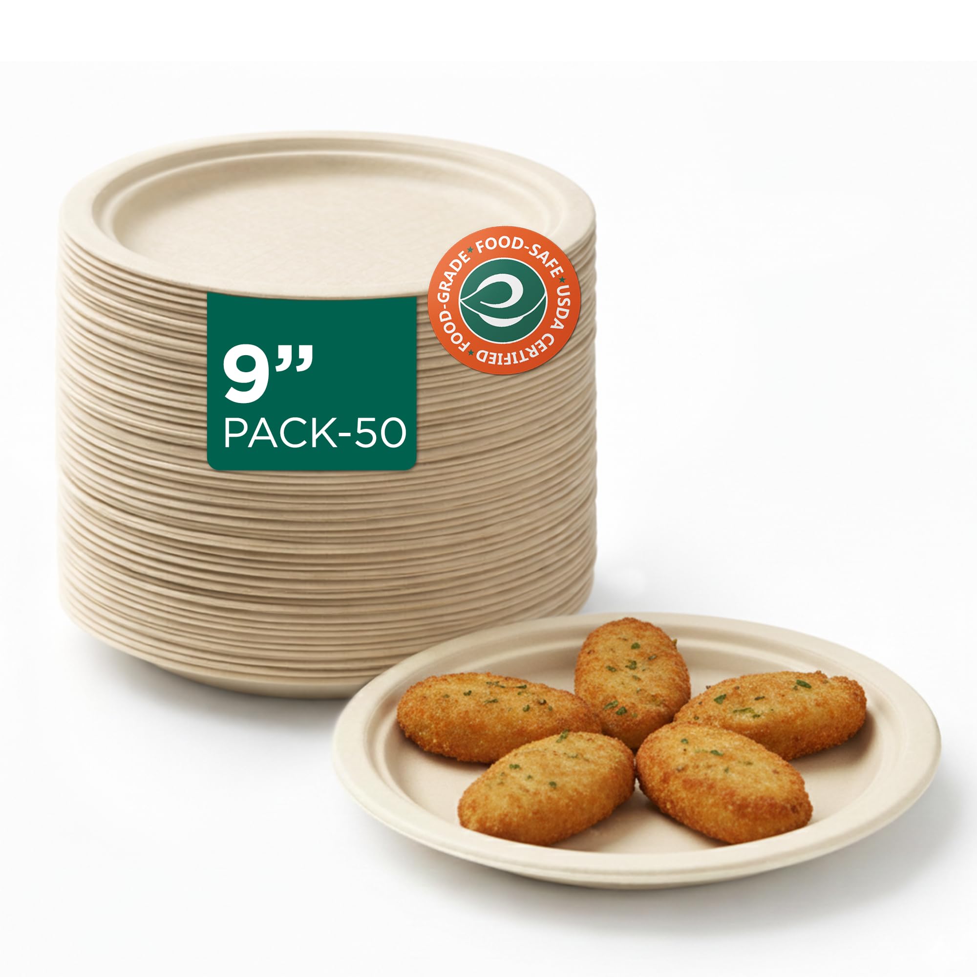 ECO SOUL | Disposable Bagasse Plates | 9 inch - Pack of 50 | Disposable Plates Big Size for Snacking & Everyday Use | Sturdy, Microwave Safe, Leak-Resistant | Sugarcane Bagasse
