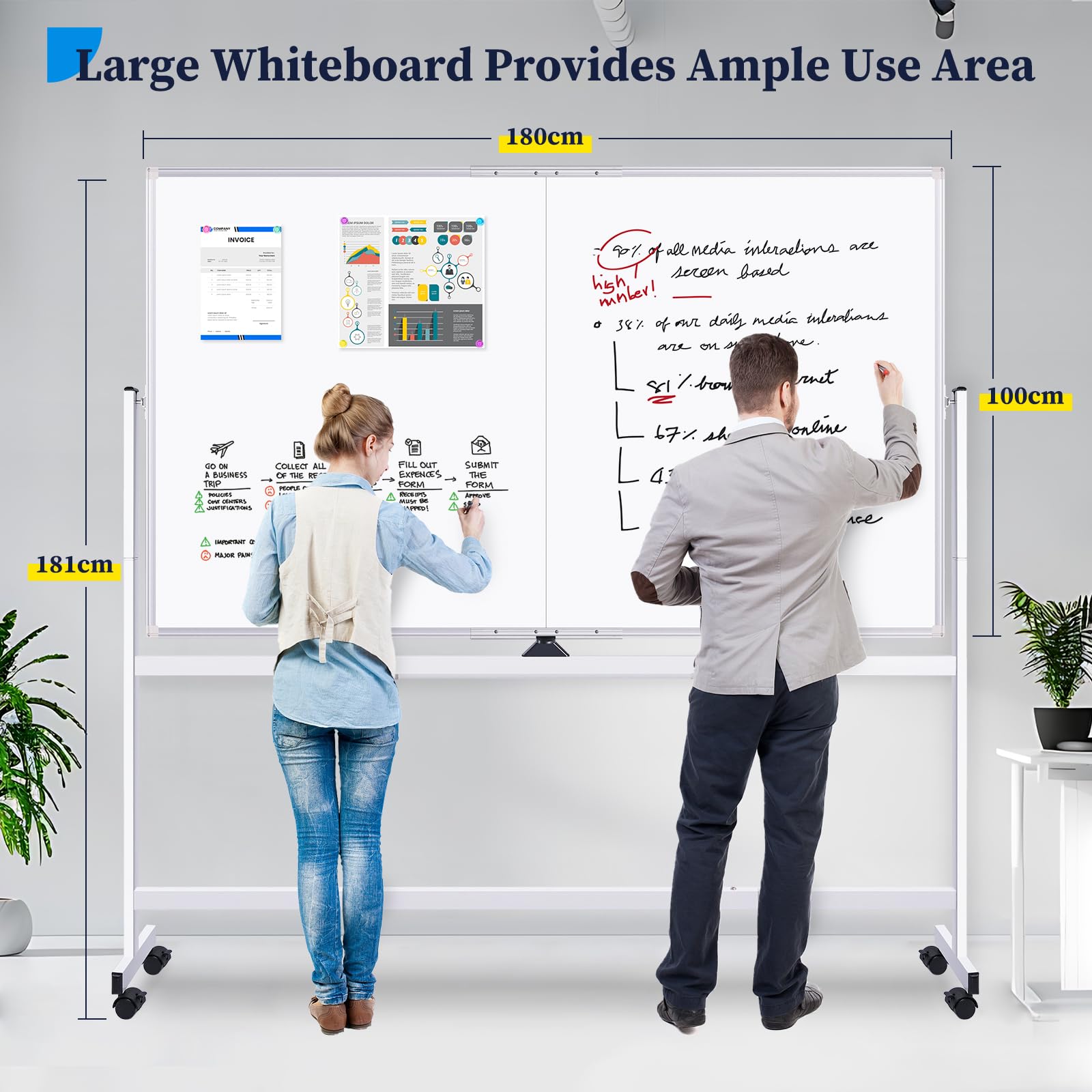 maxtek Lavagna Bianca Mobile con Supporto 180 x 100 cm, Grande Lavagna Cancellabile Magnetica Double Face, Cadre en Aluminium, Capovolgimenti 360° su Ruote, per Casa, Ufficio, Scuola