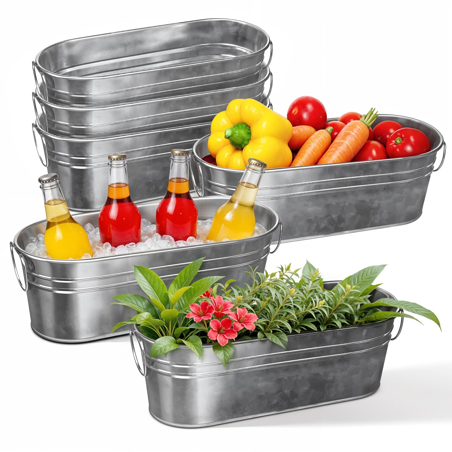 Plexon Small Galvanized Tub with Handles, 12 inch Oval Planter for Plants Decor Wedding, Multiuse Metal Tub Champagne Bucket (6)