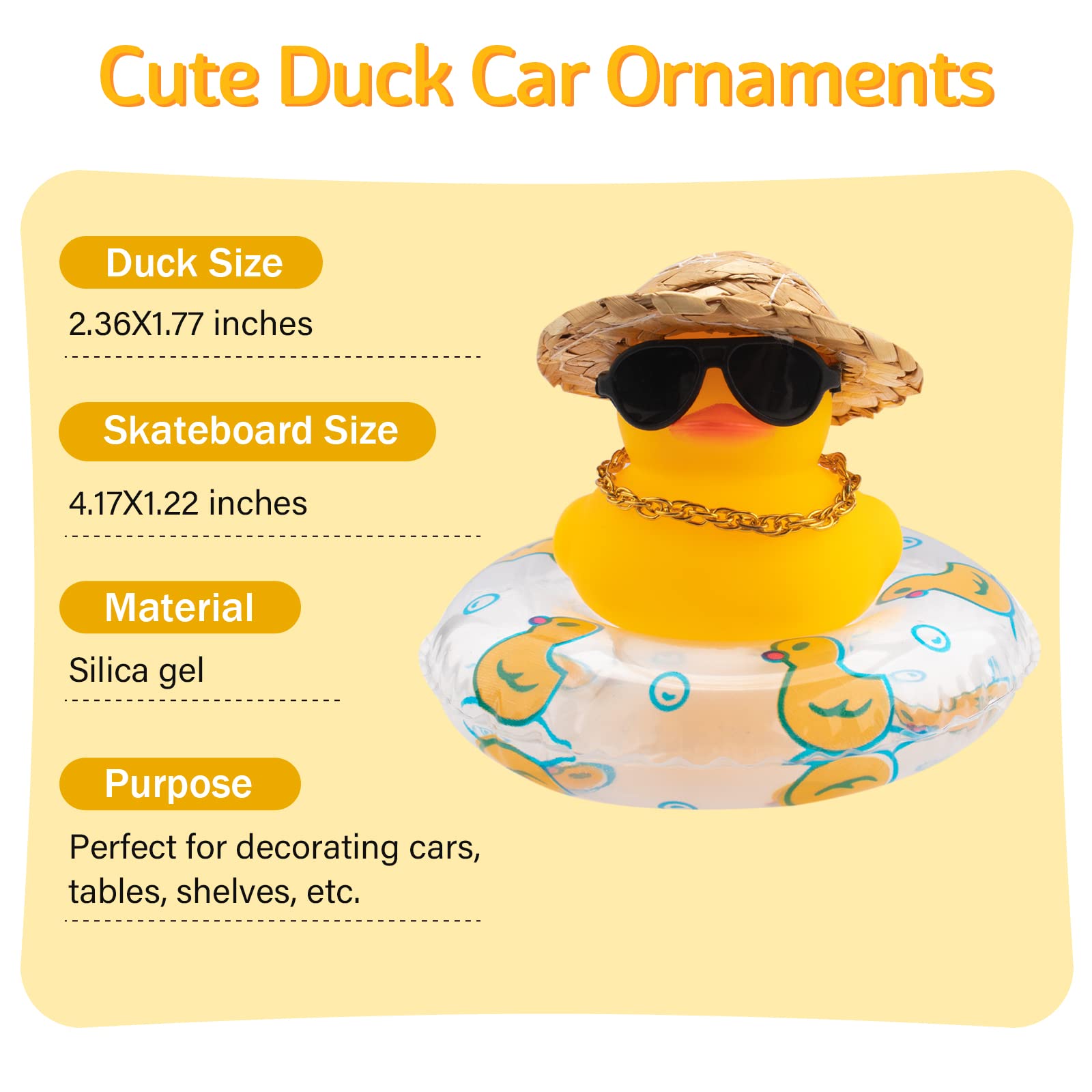 wonuu Car Rubber Duck 2Pcs Duck Car Decoration Dashboard Car Ornament for Car Dashboard Decoration Accessories with Mini Swim Ring Sun Hat Necklace Sunglasses