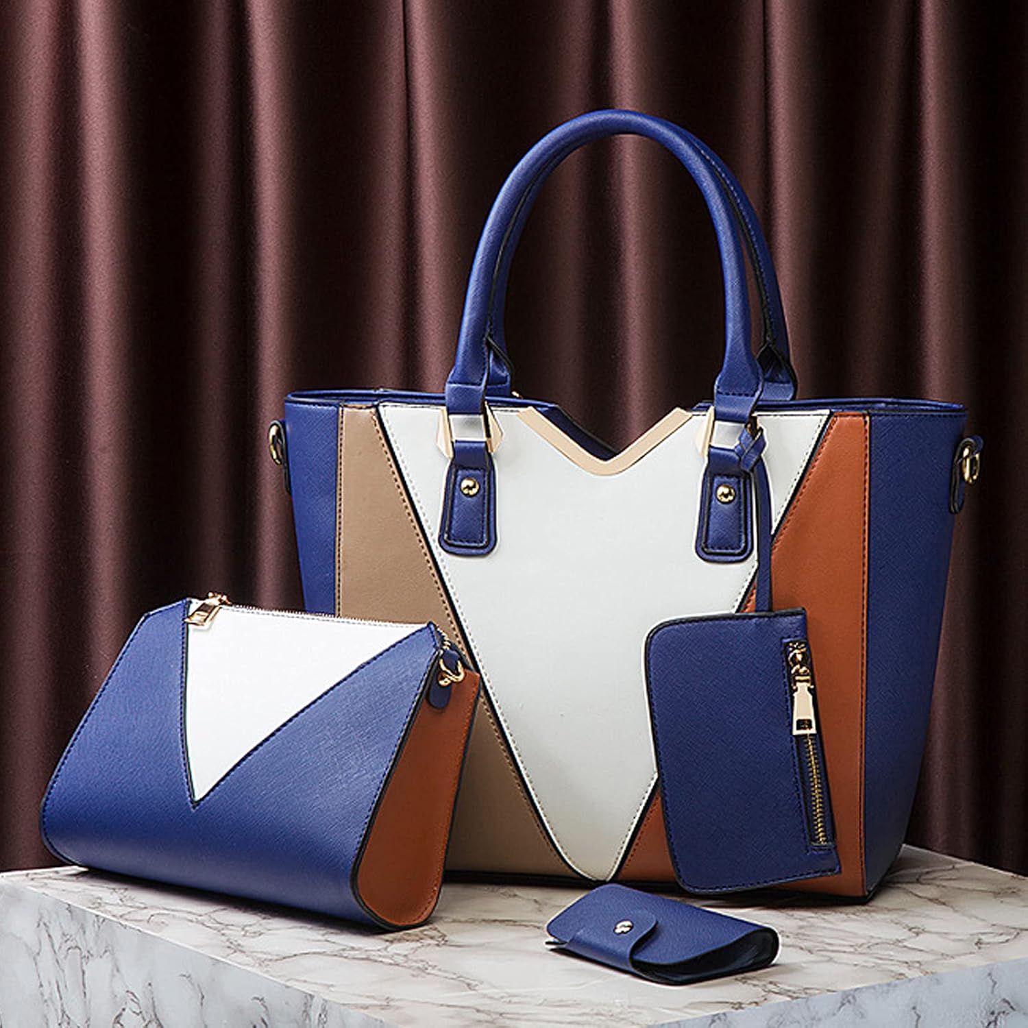 NICOLE & DORIS Women Handbags Fashion Colour Block Shoulder Bag Large Tote Bags Crossbody Bag Clutch Bags 4-in-1 Set Bag
