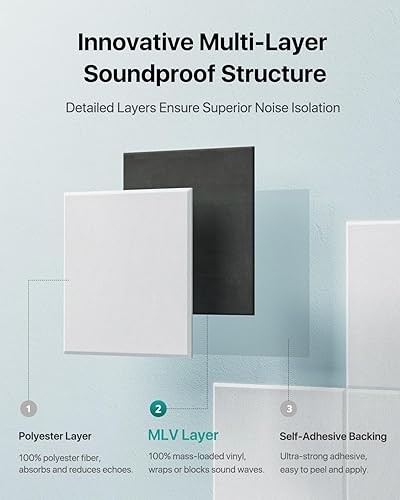 Miniatura 3 de Paneles de pared de vinilo con carga masiva autoadhesivos, paquete de 12 paneles insonorizados Mlv, 12 x 12 x 0.4 pulgadas, paneles cuadrados de