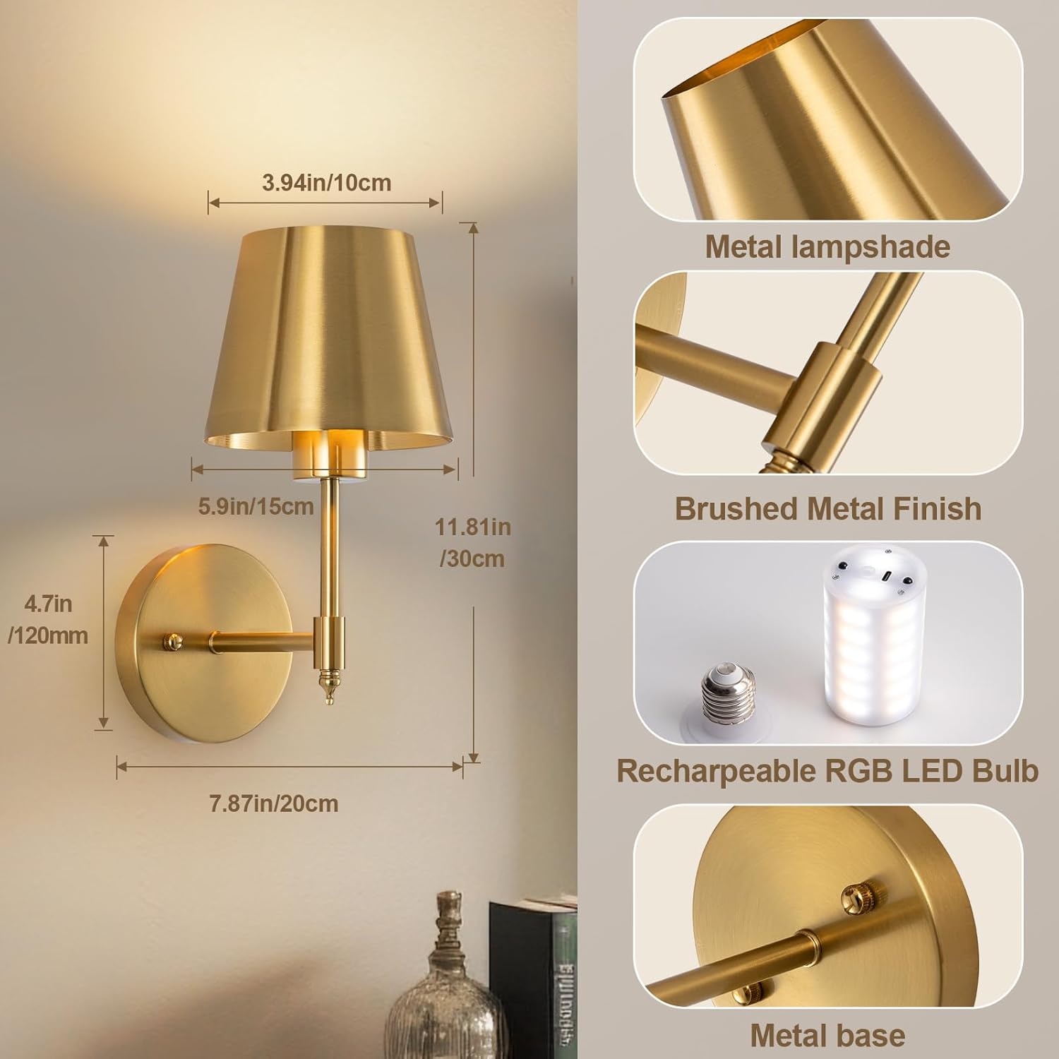 Battery Operated Wall Sconce Set of 2,Wireless Rechargeable Battery LED Wall Lamps, Dimming Wall Light Brushed Brass Indoor Wall Lamp for Living Room Bedroom,Hallway （Gold）