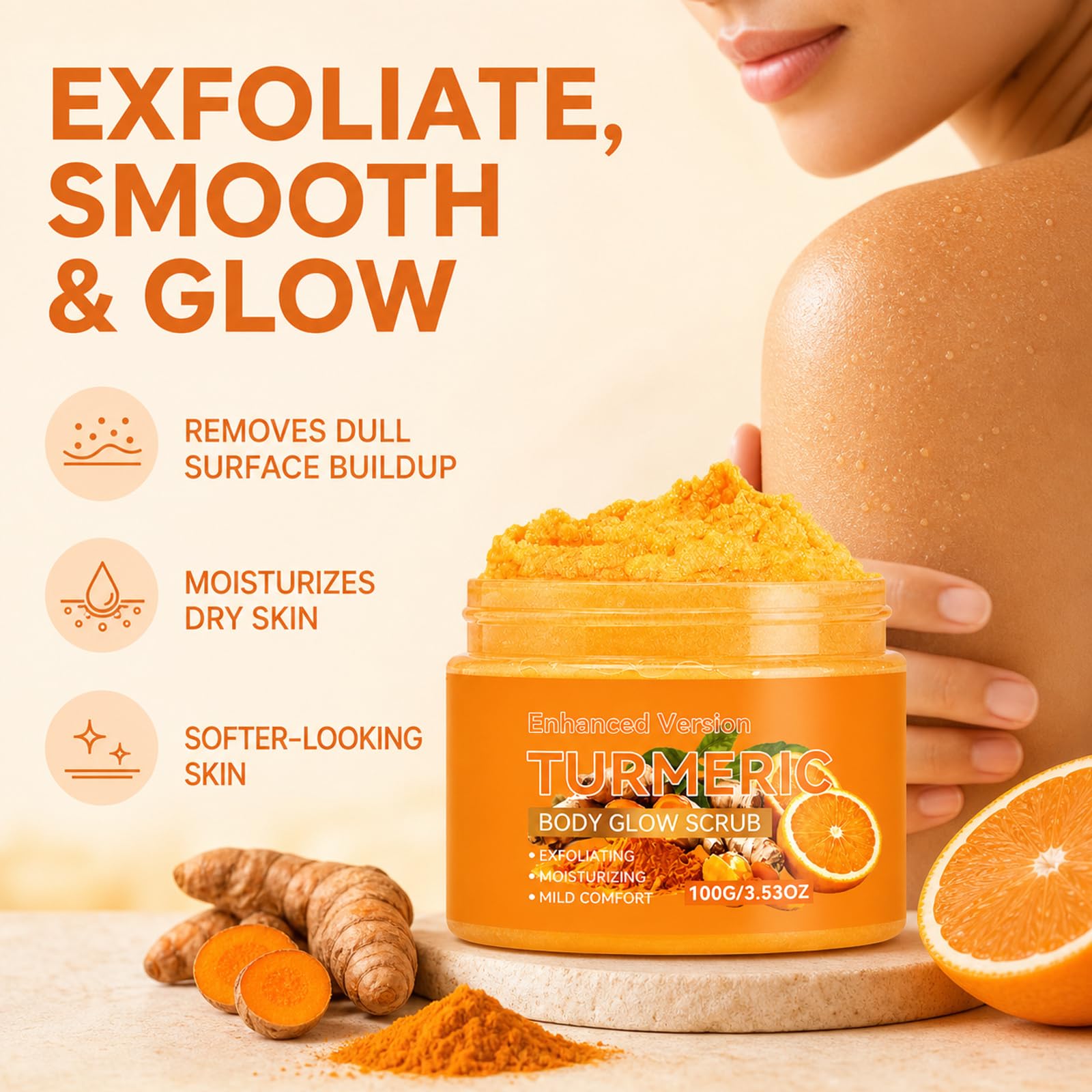 Gommage corporel au curcuma à l'orange douce, gommage exfoliant nettoyant en profondeur pour la peau, vernis à rincer non gras, exfoliant pour la peau pour le corps, routine de soins frais (9PCS)