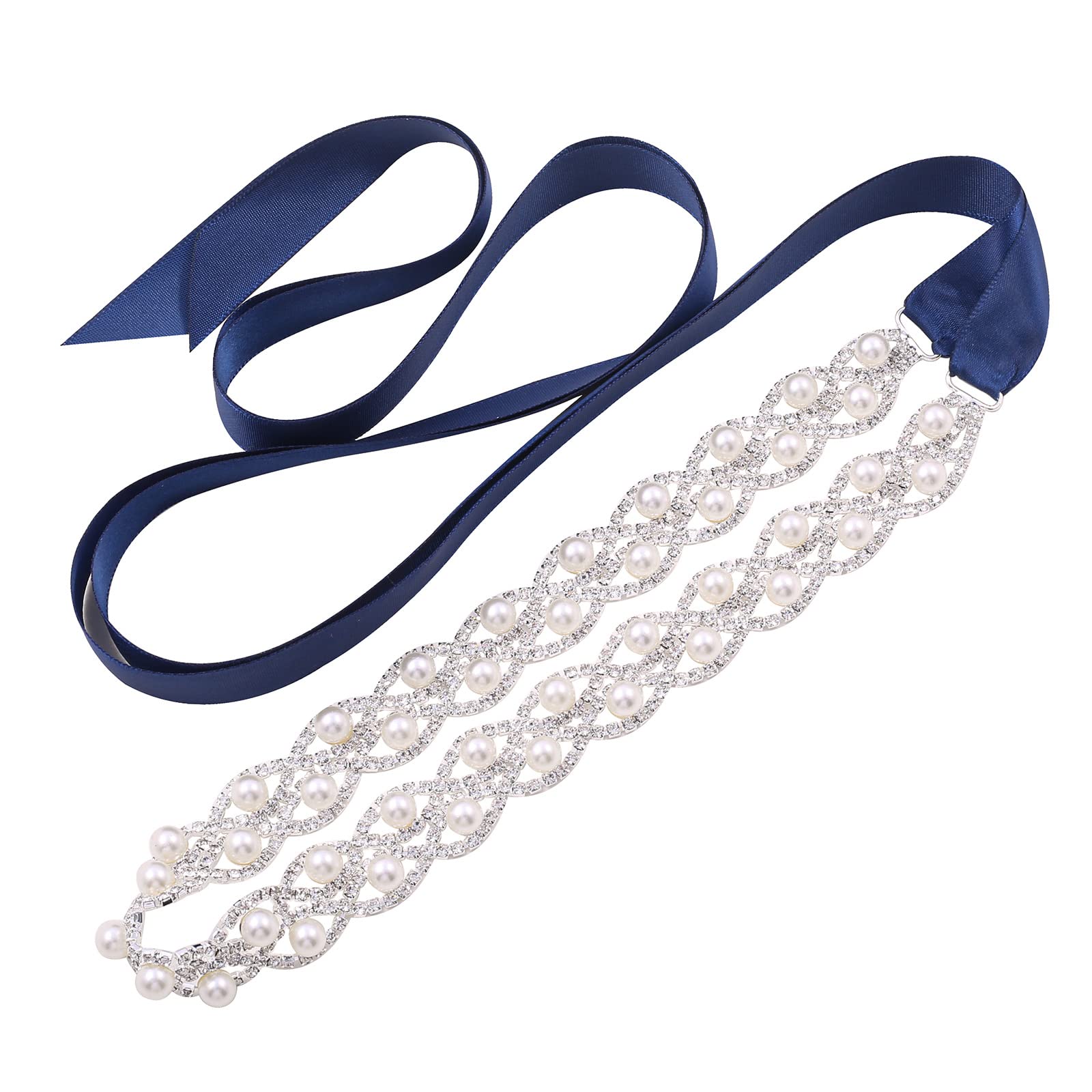 WEZTEZ Crystal Wedding Belt Pearls Bridal Belt Handmade Rhinestone Wedding Dress Belt for Bride Bridesmaid Gowns, Navy Ribbon, One Size
