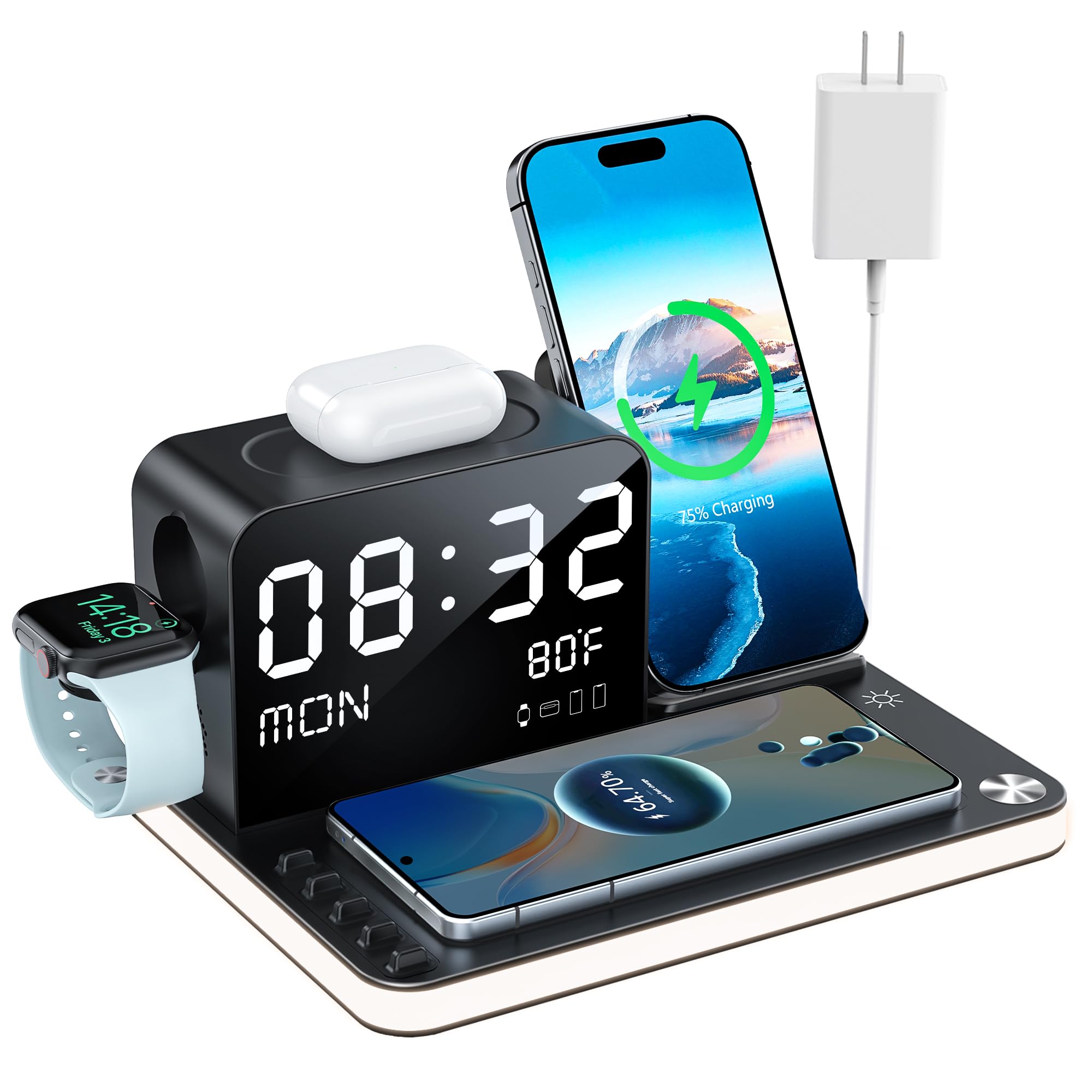 7 in 1 Wireless Charging Station for Apple Device Wireless Charger with Night Light Bluetooth TimeSync Temperature 33W Fast Charger for iPhone 17/16/15/14/13 Pro Max Android Phone Airpods Apple Watch
