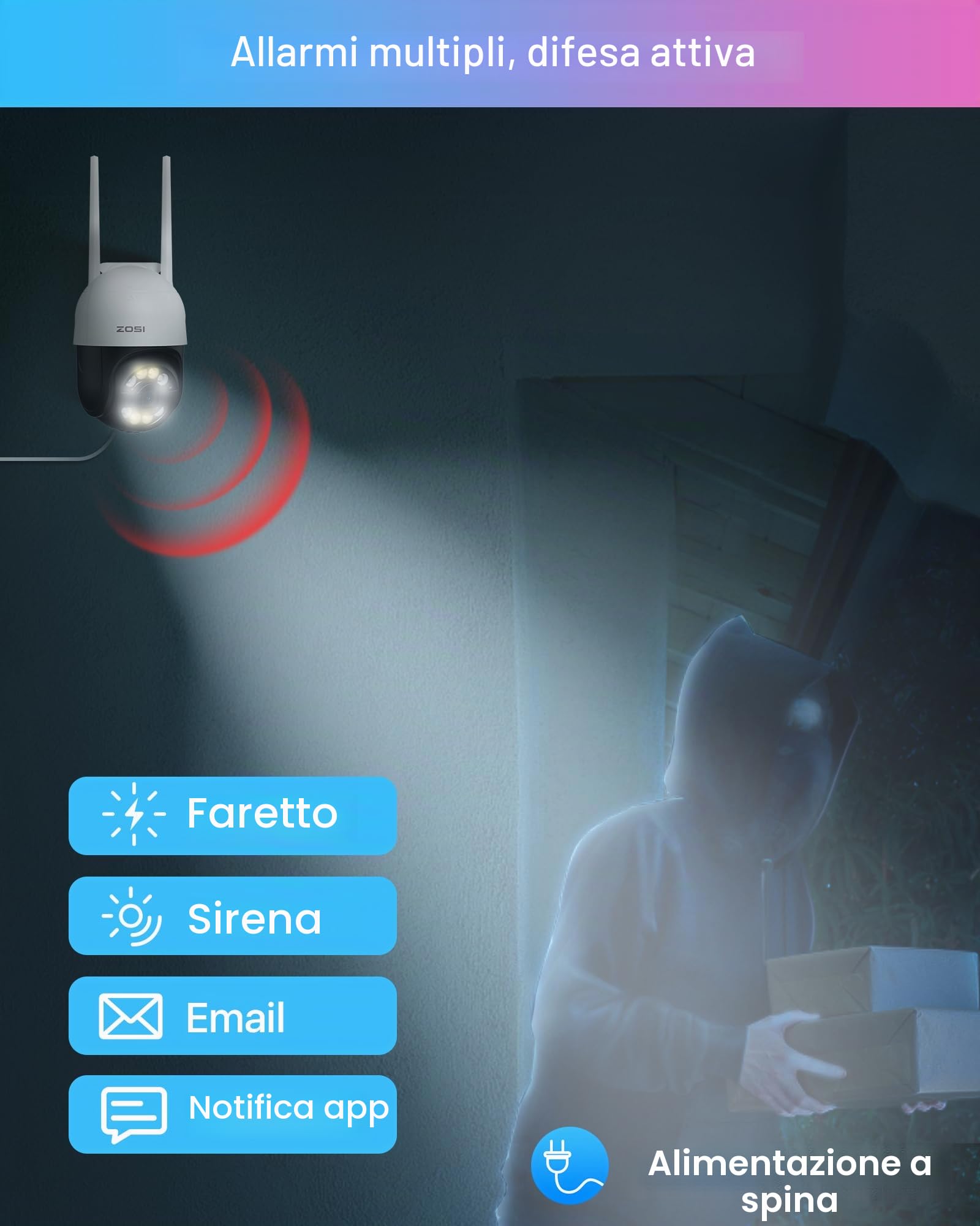ZOSI Telecamera Wi-Fi Esterno 4MP, 2,5K Telecamera da Esterno WiFi 360° IP66, Visione Notturna a Colori, Videocamera Tracciamento Intelligente, Rilevamento di Umano, Veicoli e Aree