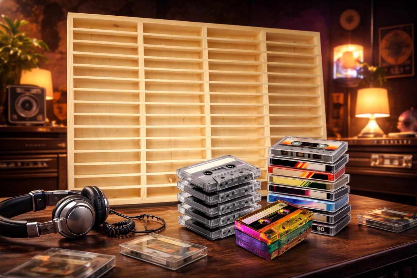 FabaCare MC-Kassetten Regal aus Holz – 60 Fächer, Sammler-Display für Audiokassetten, Musikkassetten-Regal, für Hörspielkassetten, Kassetten-Wandboard aus Naturholz, Farbe: buche