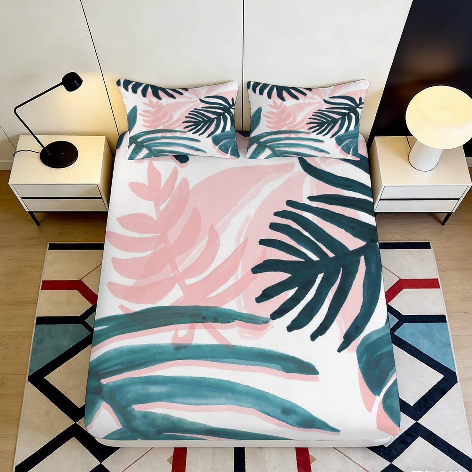 3D Printed Tropical Leaf Fitted Sheet Microfiber Soft Breathable Palm Pattern Mattress Cover for Bedroom Dorm Decor 200x200x25cm