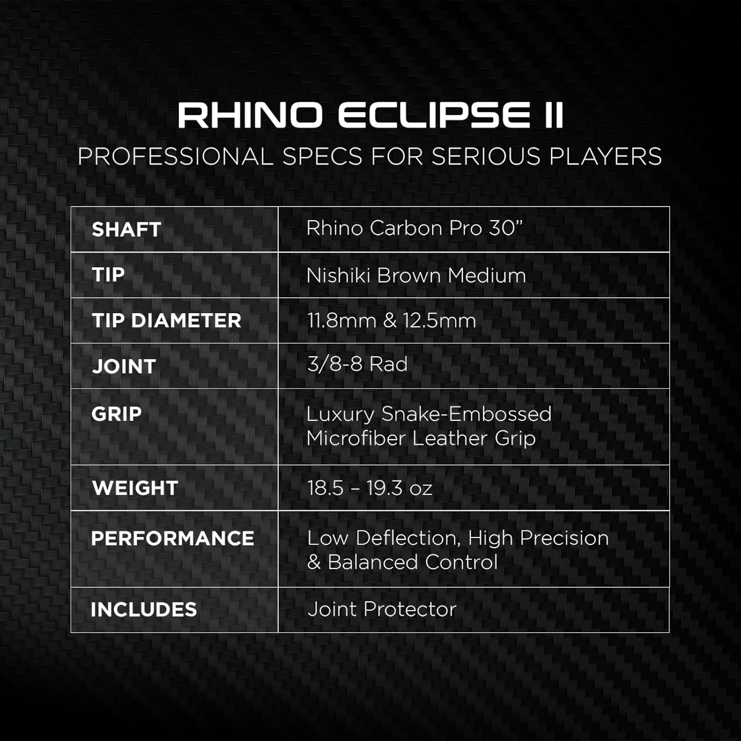 RHINO Eclipse II Carbon Fiber Pool Cue, Low Deflection Carbon Shaft with 11.8mm /12.5mm Nishiki Japan Tip and 3/8-8 Joint, Professional Pool Stick for Adults with Microfiber Leather Grip