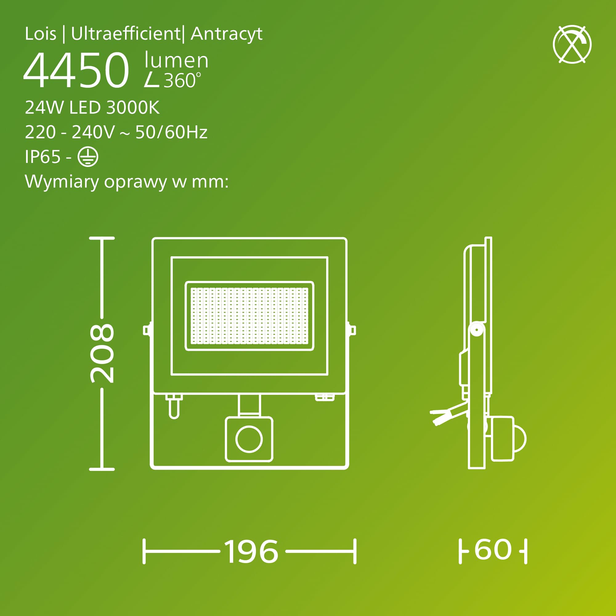 Philips Lois UltraEfficient Zewnętrzna Lampa Floodlight z Czujnikiem, 24 W, 3000 K, Antracytowa