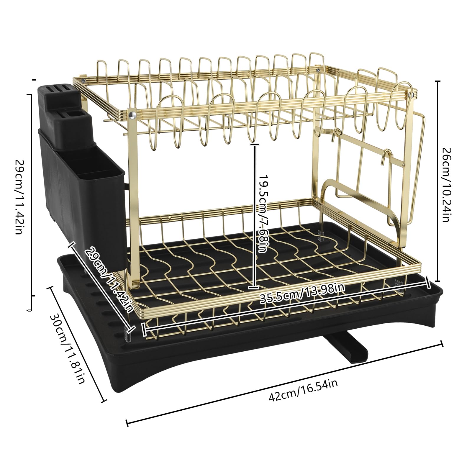 Égouttoir à vaisselle, en acier inoxydable, égouttoir à vaisselle, égouttoir à vaisselle à 2 niveaux, égouttoir à vaisselle, assiette et planche à découper (noir + doré)