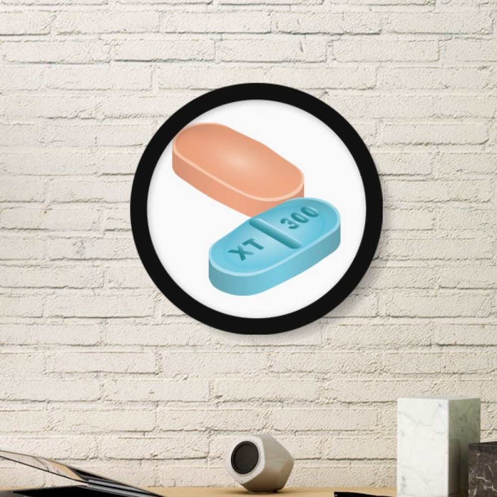 Cadre photo en bois rond noir avec illustration de pilule de soin DIYthinker