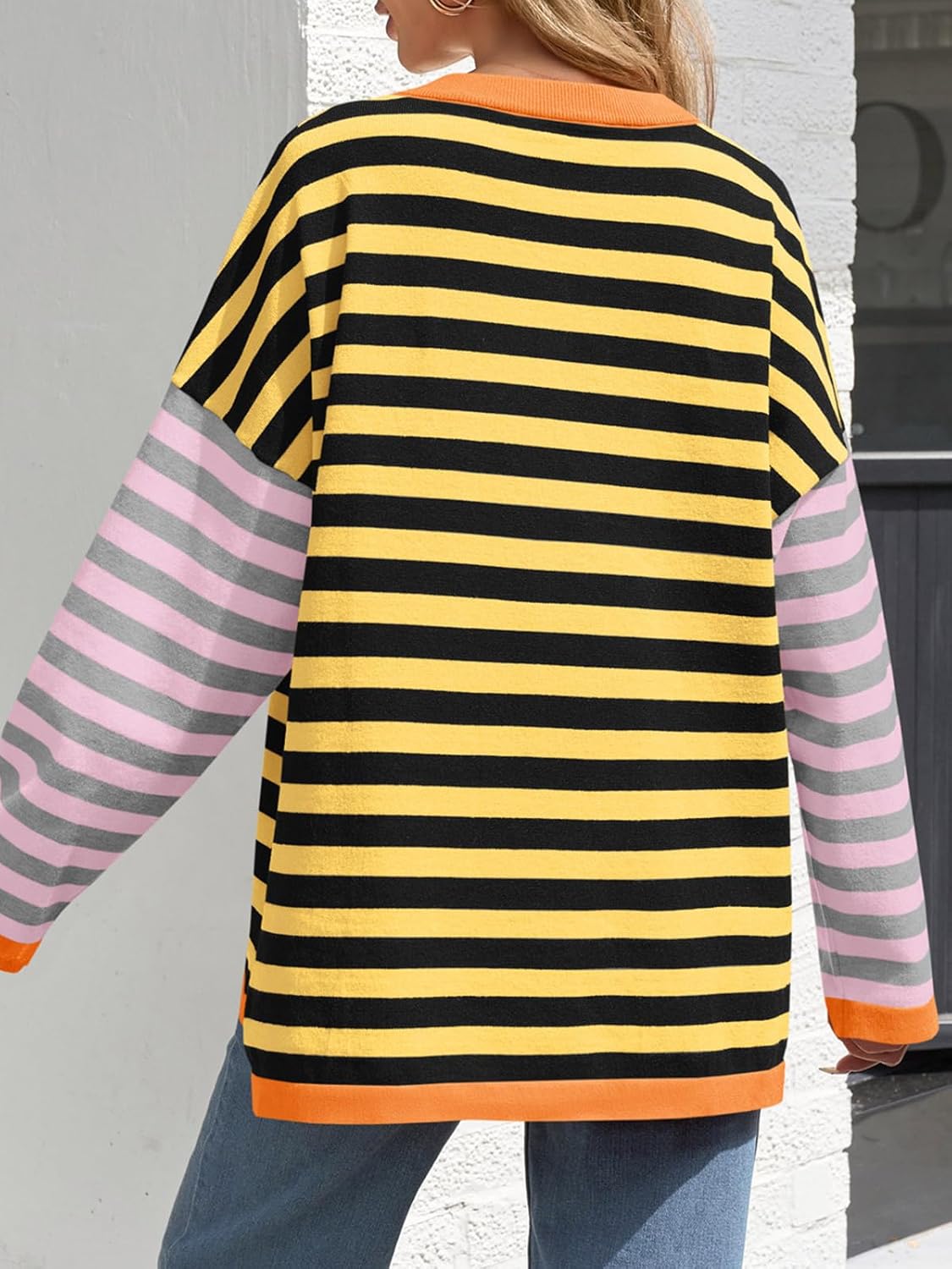 Saodimallsu Womens Striped Oversized Sweaters Color Block Crew Neck Long Sleeve Loose Knit Pullover Sweater - Image 5