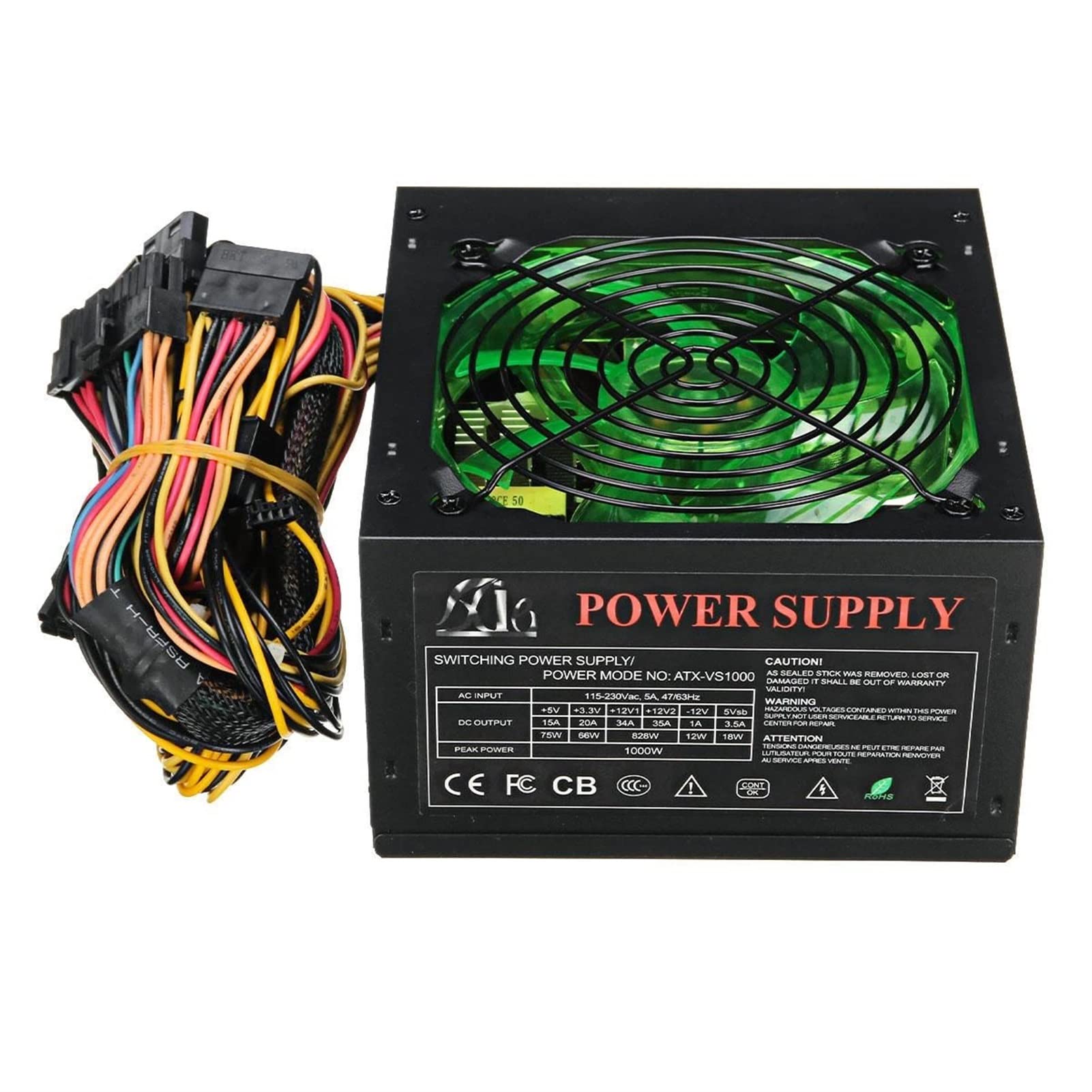 EPANO Zasilacz 1000 W 120 mm wentylator LED 24-pinowy PCI SATA ATX 12 V zasilacz komputerowy do obudowy komputera PC