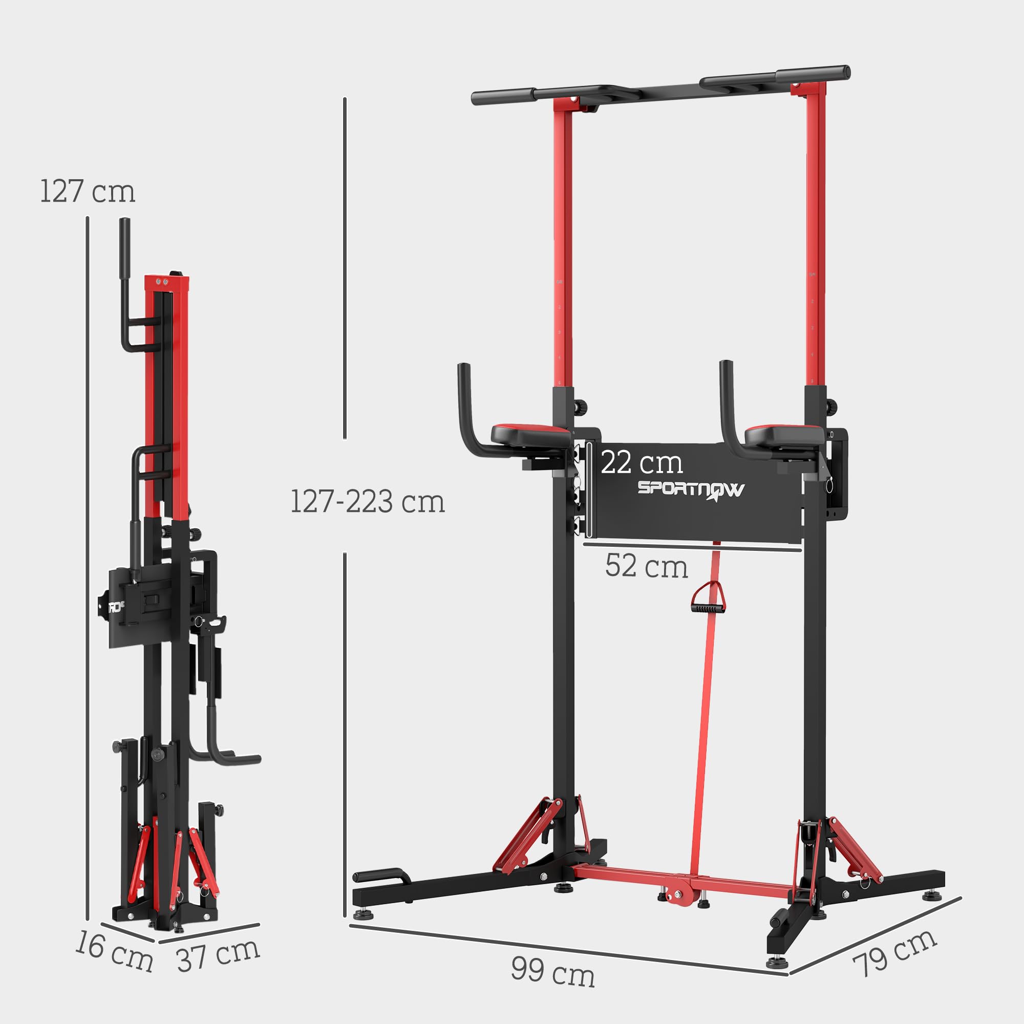 SPORTNOW Torre de fuerza plegable de altura regulable 127-223 cm, estación de inmersión con asas para flexiones, torre de potencia multifuncional, torre de dominadas, barra de dominadas, estación de