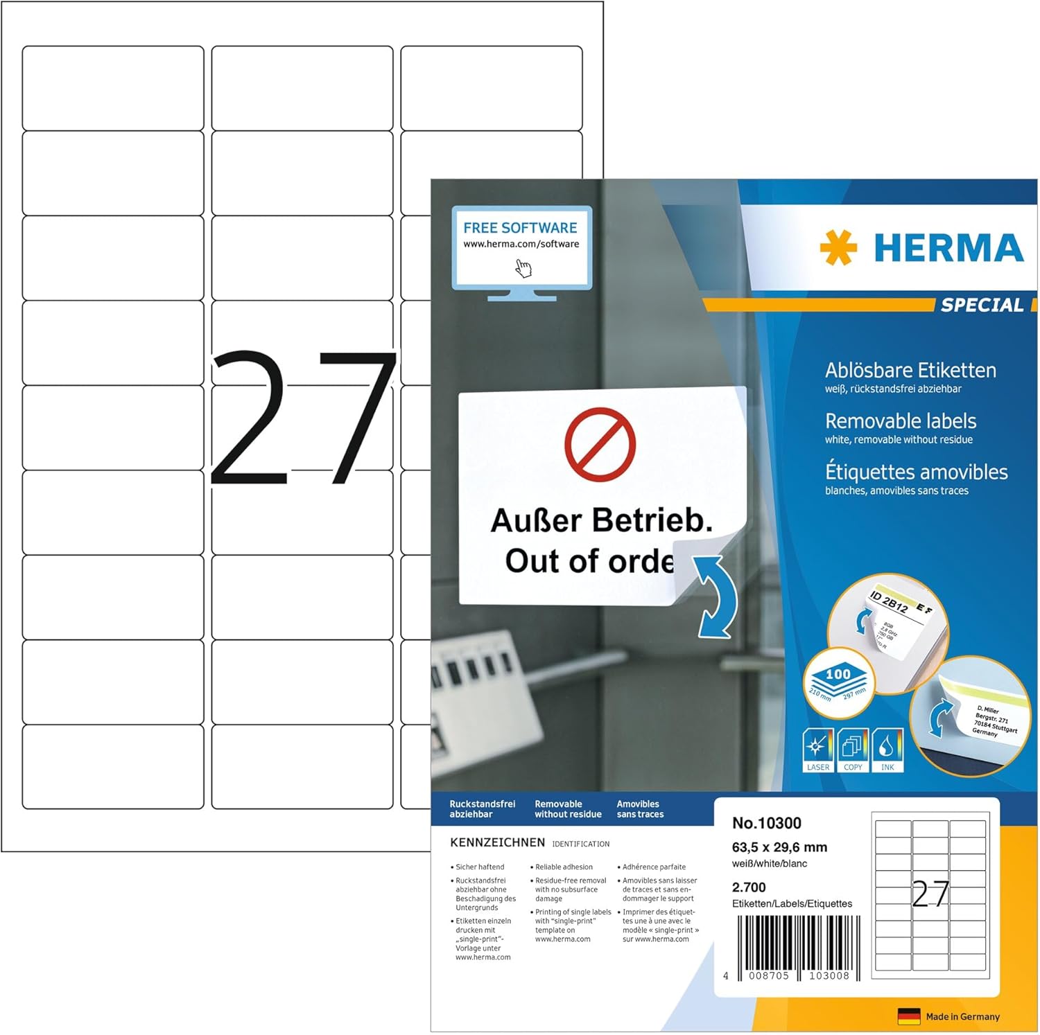 Herma Self Adhesive Removable Multi-Purpose Labels, 16 Labels Per A4 Sheet, 1600 Labels for Printers, 88.9 x 33.8 mm (10303)