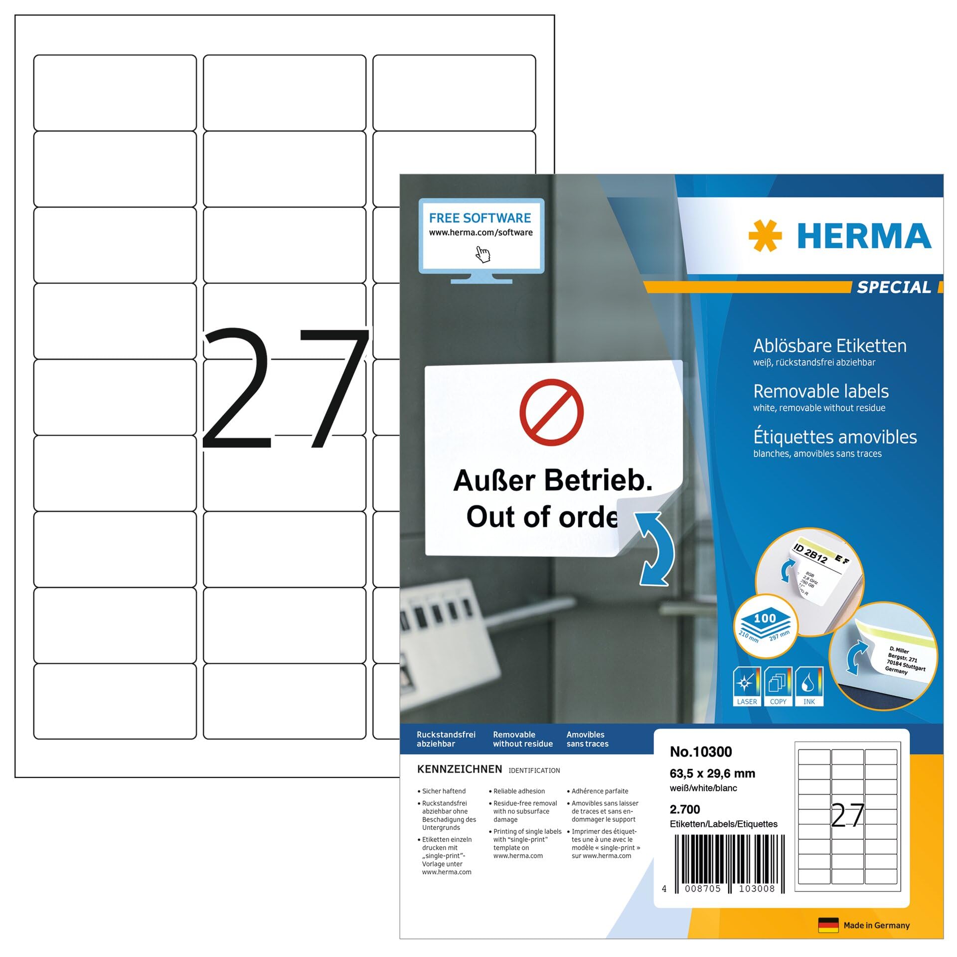 Herma 10300 Étiquettes movables/amovibles 63,5 x 29,6 A4 2700 pièces Blanc