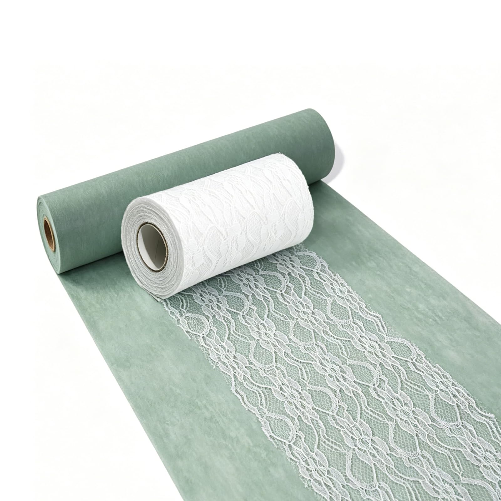 Tischläufer Set - Eukalyptus Grün Vlies Tischband (30 cm x 25 m) und Weiß Spitzenband (15 cm x 25 m) für Kommunion, Taufe, Geburtstag, Hochzeit, Elegante Tischdekoration