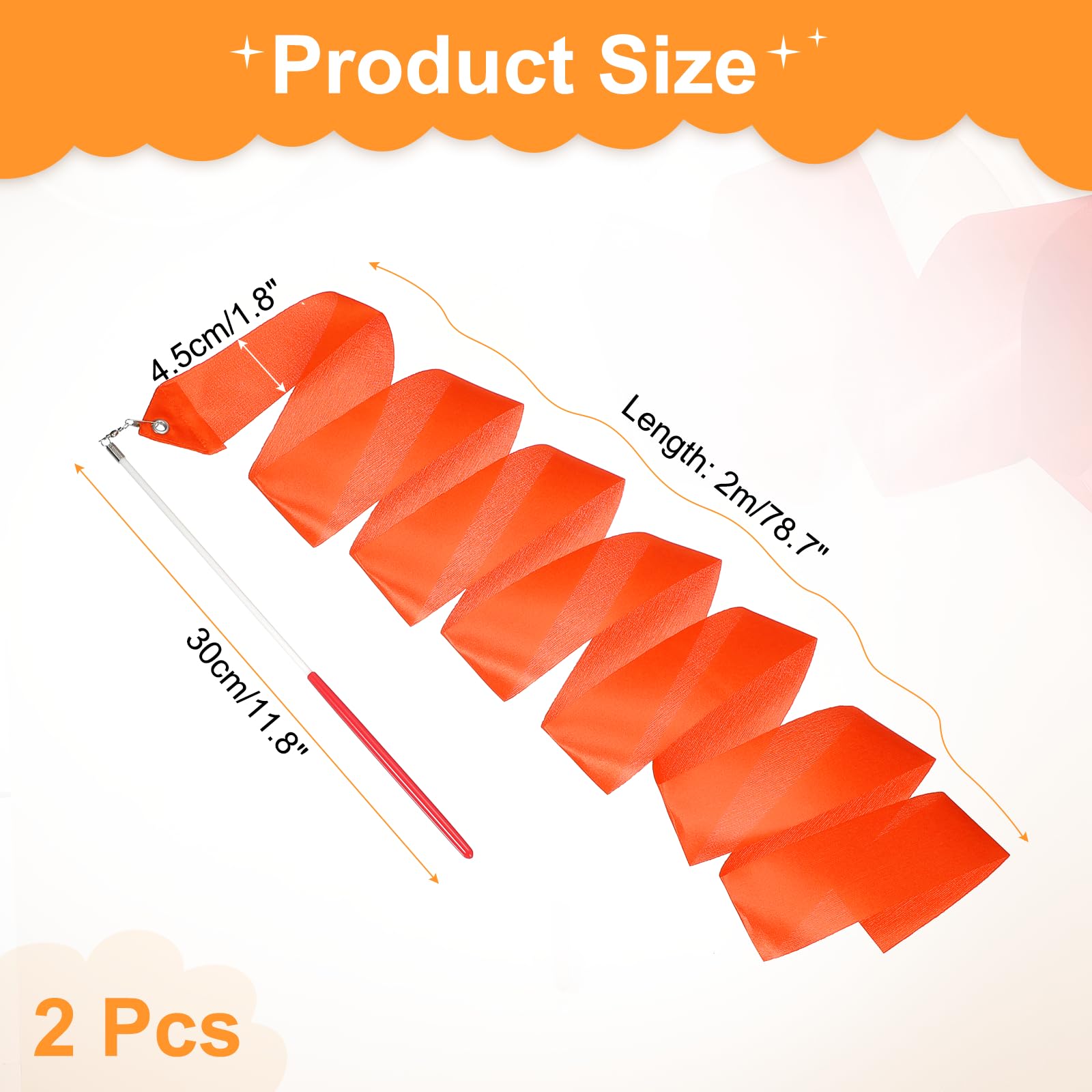 QUARKZMAN 2 Pcs Rubans De Danse, 78.7" Rubans De Gymnastique Rythmique Streamers Dancer Wand Rubans Dansants Tournoyants pour Artistic Dancing Gymnastics Training, Orange
