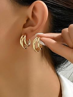 Golden Fashion Three-Ring Non-Allergic Comfortable Punk Retro Minimalist Metal Earrings for Party Holiday Dates Streetstyle Celebrity Events