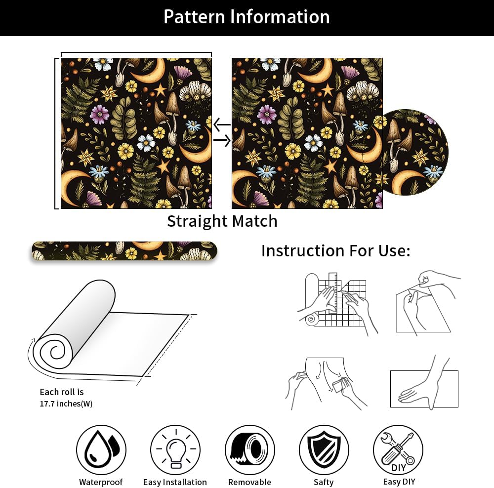 Black Yellow Mushroom Moon Leaf Vintage Peel and Stick Wallpaper Esay Peel Off Vintage Self Adhesive Removable Stick on Wall Paper for Kitchen Cabinet Furniture Renter Friendly