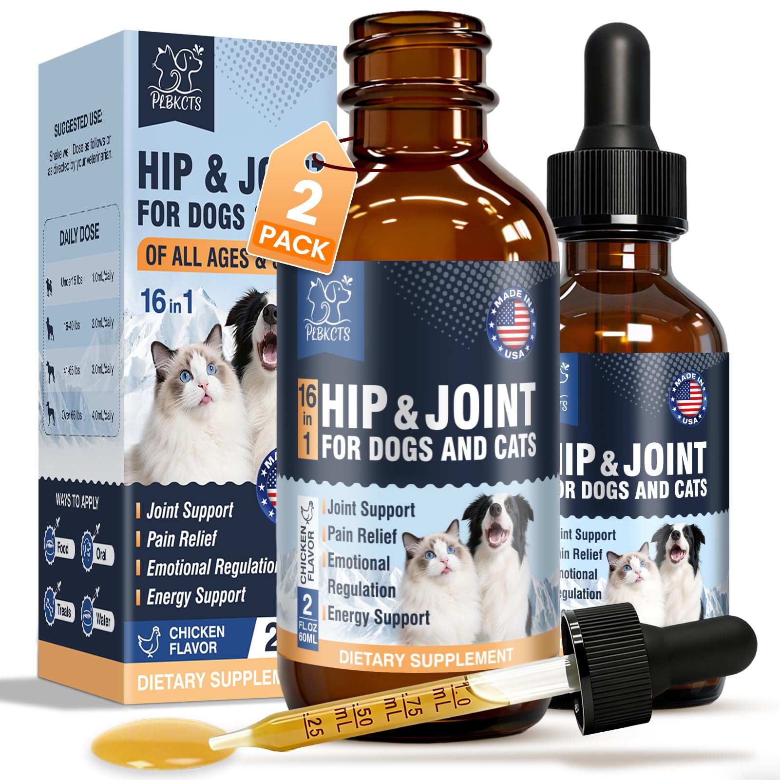 16-In-1 Glucosamine for Dogs & Cats, Liquid Hip & Joint Supplement, Collagen Drops with Chondroitin+MSM+Hyaluronic Acid Supplement Mobility Senior
