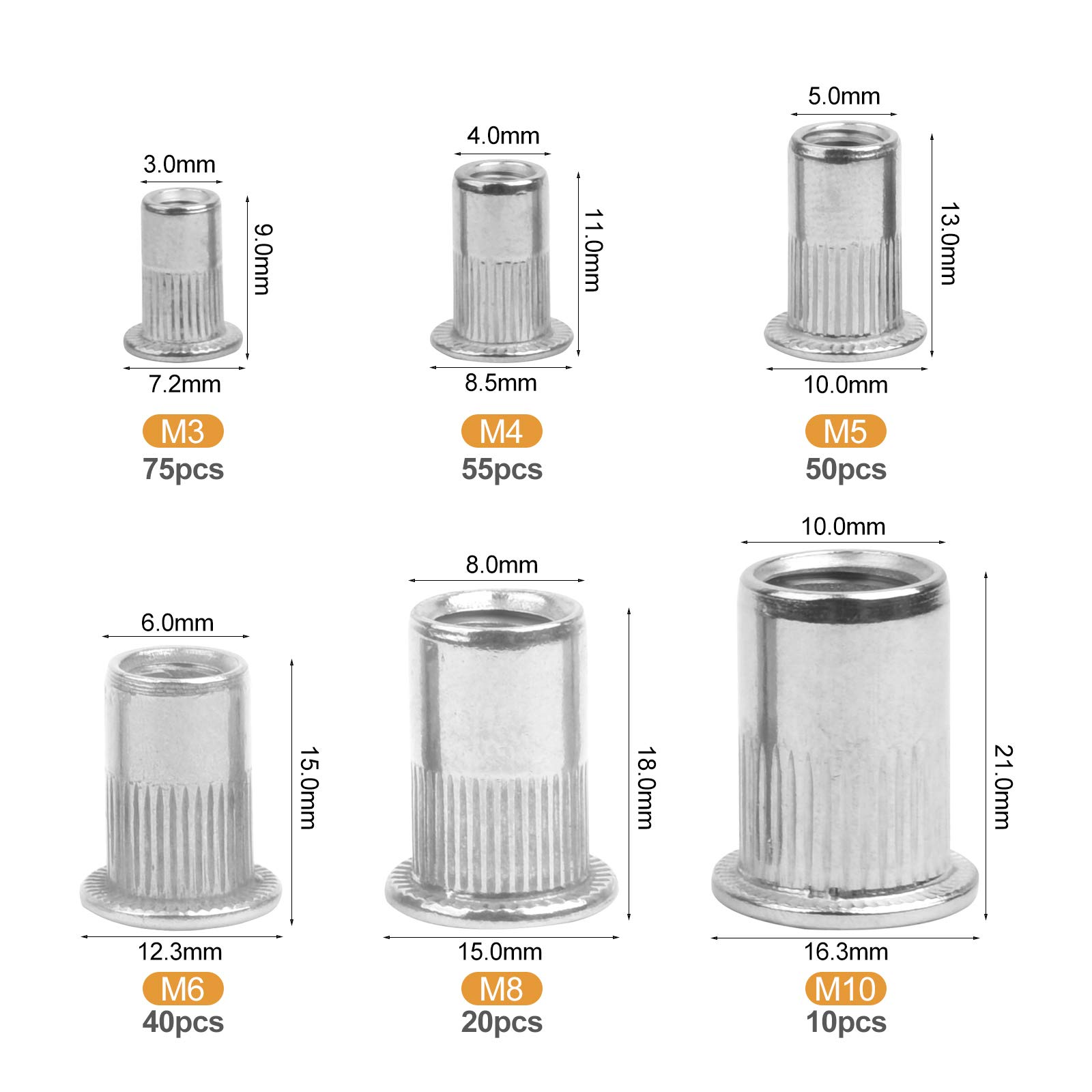 VIGRUE 250 dadi rivetti assortiti, M3, M4, M5, M6, M8, M10, dadi filettati A2-70, in acciaio inox, testa piatta, filettatura Rivet Nutsert Cap, dadi per pinze rivetti