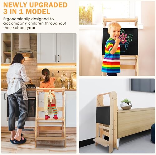 Miniatura 5 de TZnponr Taburete para niños pequeños, torre de aprendizaje Montessori plegable, taburete de cocina ajustable de 3 niveles de altura con rieles de