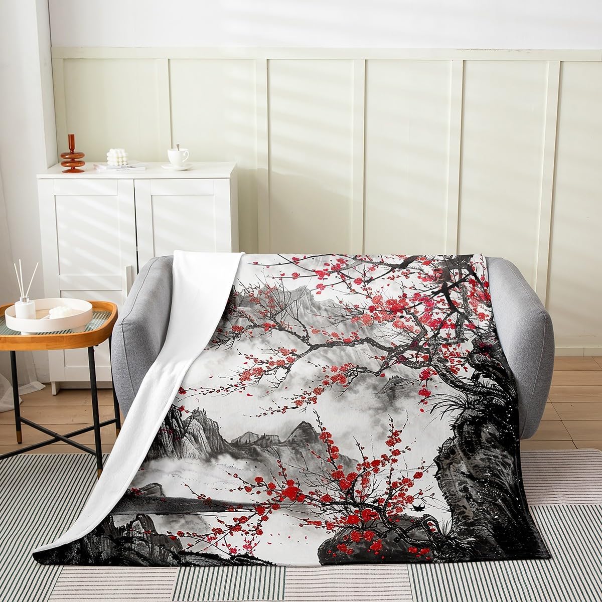 Feelyou Cherry Blossoms Flannel Fleece Throw Blanket Twin 60"x80" Japanese Style Plush Blanket for Boys Girls Fuji Mountain Home Decor Fuzzy Blanket Red Sun Ink Painting Down All Season Bed Blanket