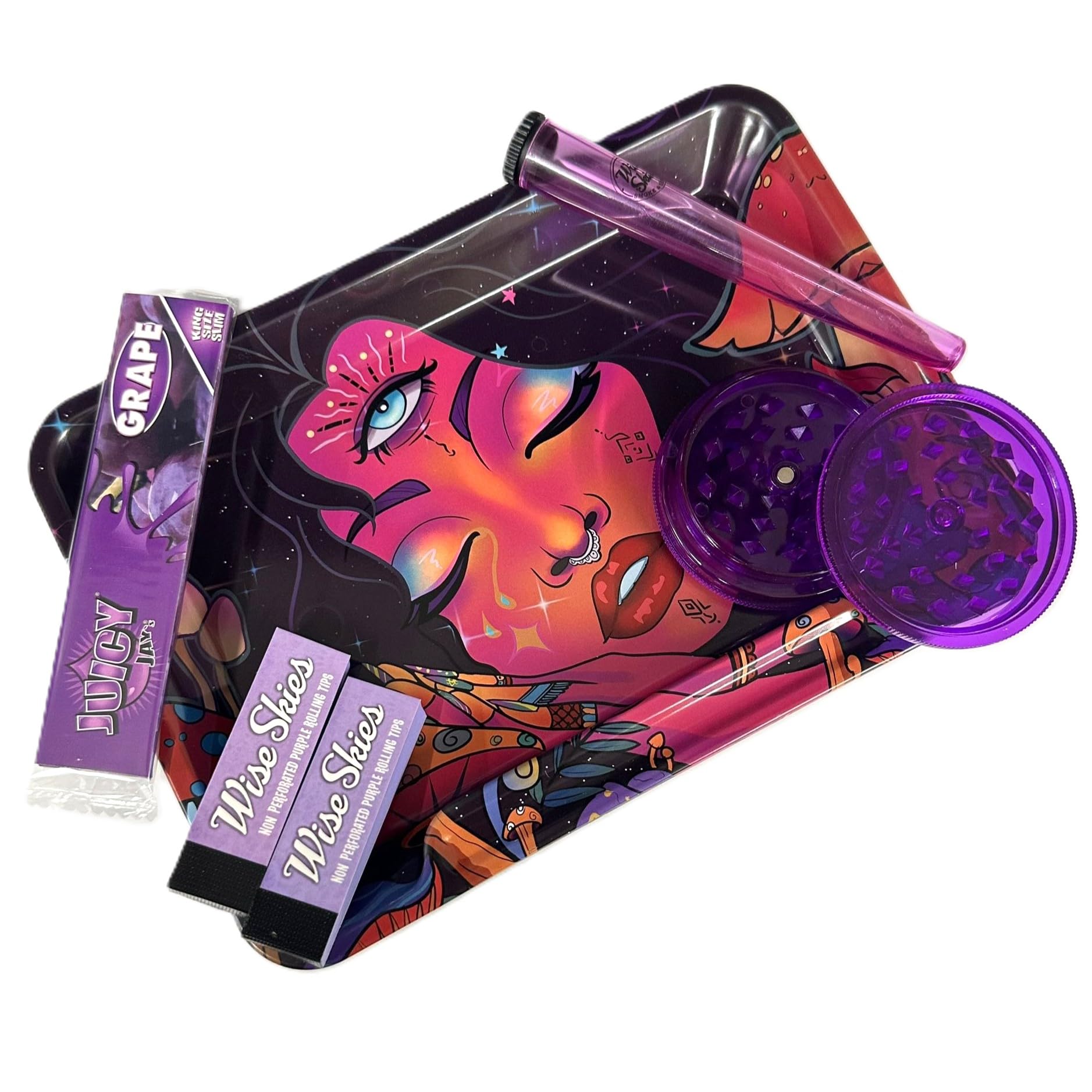 Stylex Party Purple Wise Skies Stray Trippy Little Hippy Rolling Tray Bundle Rolling Papers Tips Cone Holder Crusher