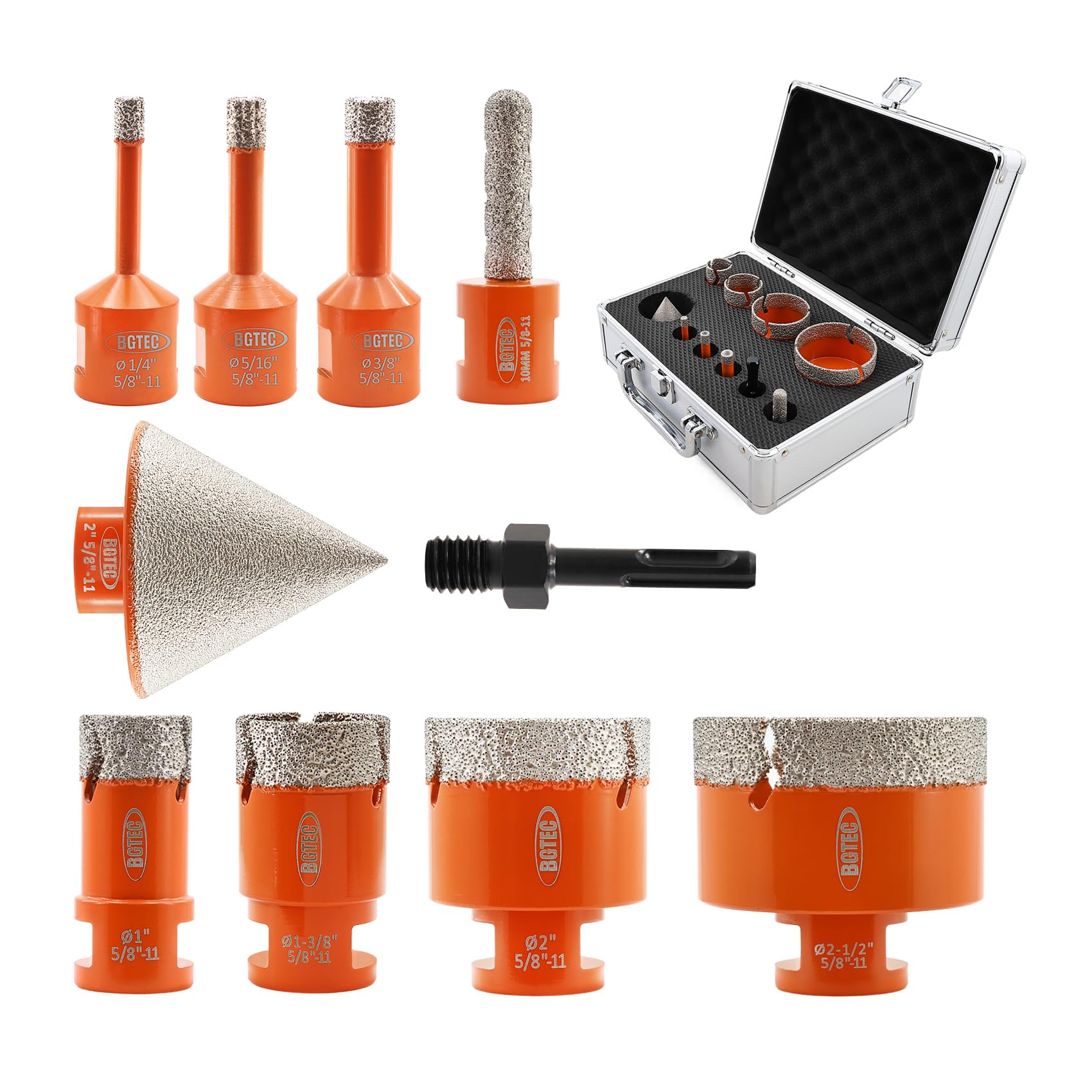 Diamond Core Drill Bit Kit BGTEC Diamond Hole Saw Tile Cutter for Porcelain Tile Ceramic Marble Brick, 5/8"-11 Thread 6/8/10/25/35/50/65mm+10mm Finger