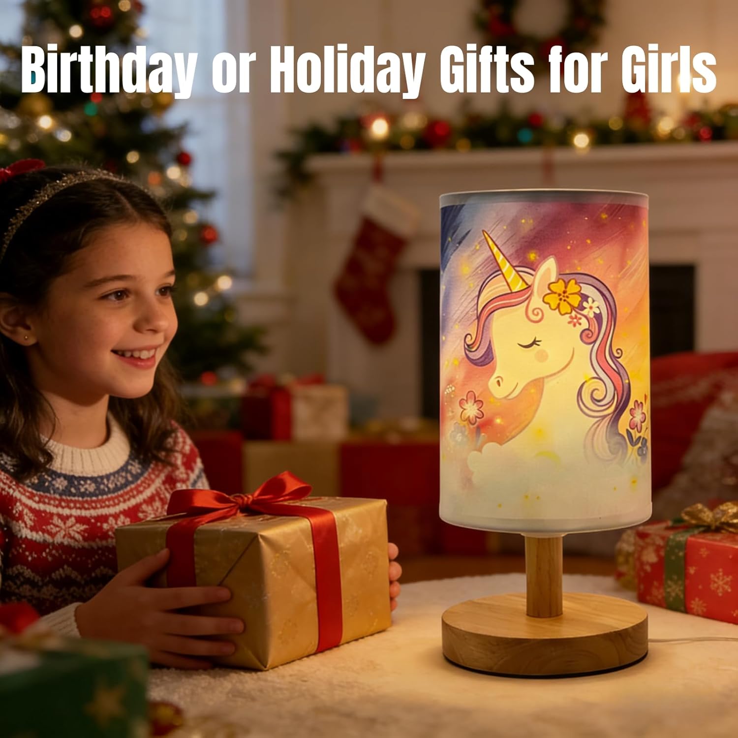 Unicorn Table Lamp,Girls for Bedroom Nightstand Desk Lamps,3 Color LED Bedside Night Light with Flaxen Fabric Shade and Wood Base for Bedroom, Living Room, Unicorn Lovers Gifts for Girls and Boys