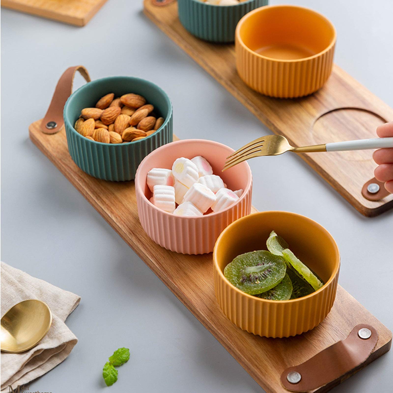 Ciotoline da Snack 3pcs ciotole di immersione in ceramica con vassoio in legno stile giapponese in immersione in salsa di salsa / piatti adatti for dips, cereali, insalate, dessert (giallo / verde / r