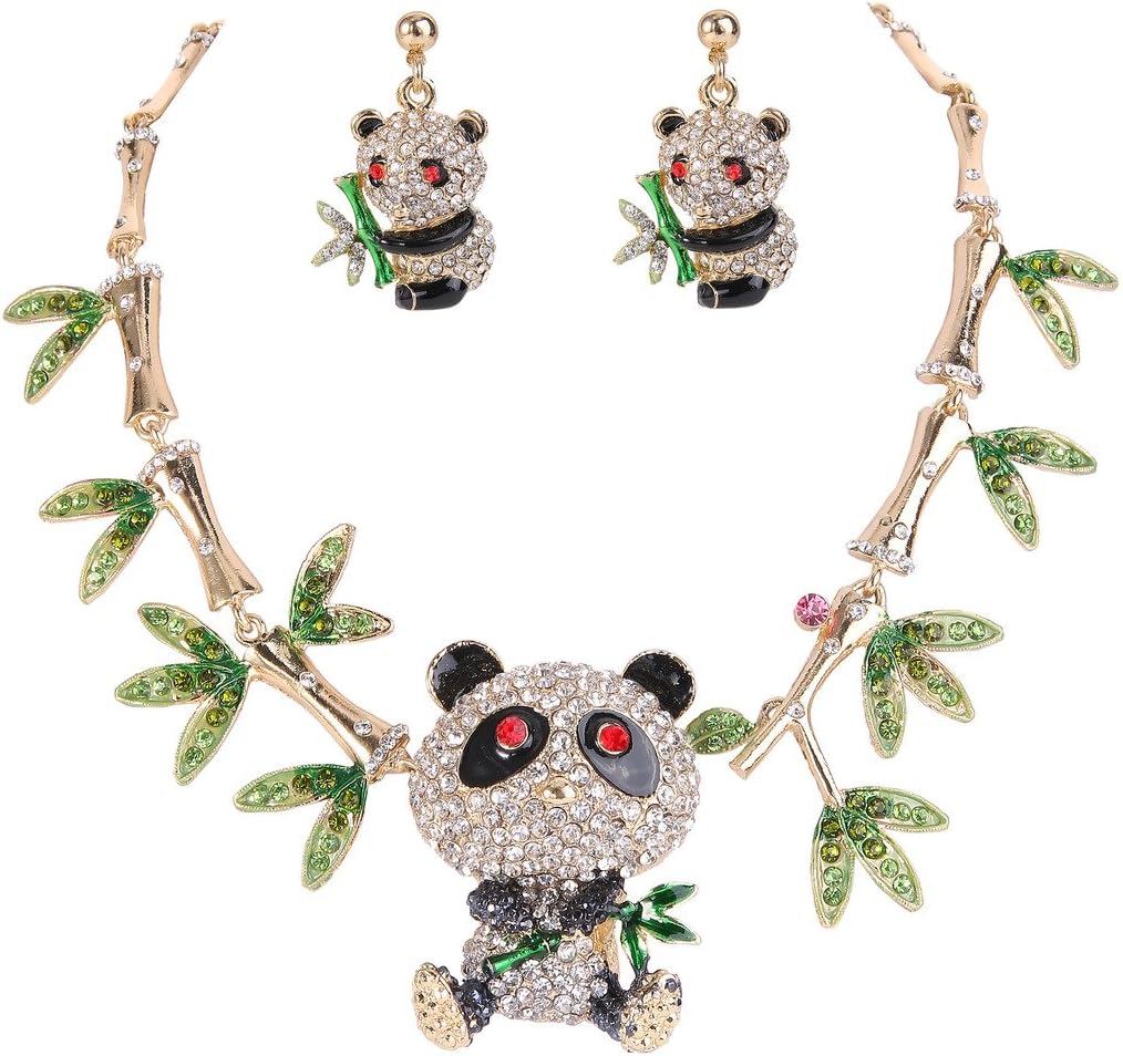 EVER FAITH Women's Austrian Crystal Adorable Panda Bamboo Necklace Earrings Set Clear Gold-Tone