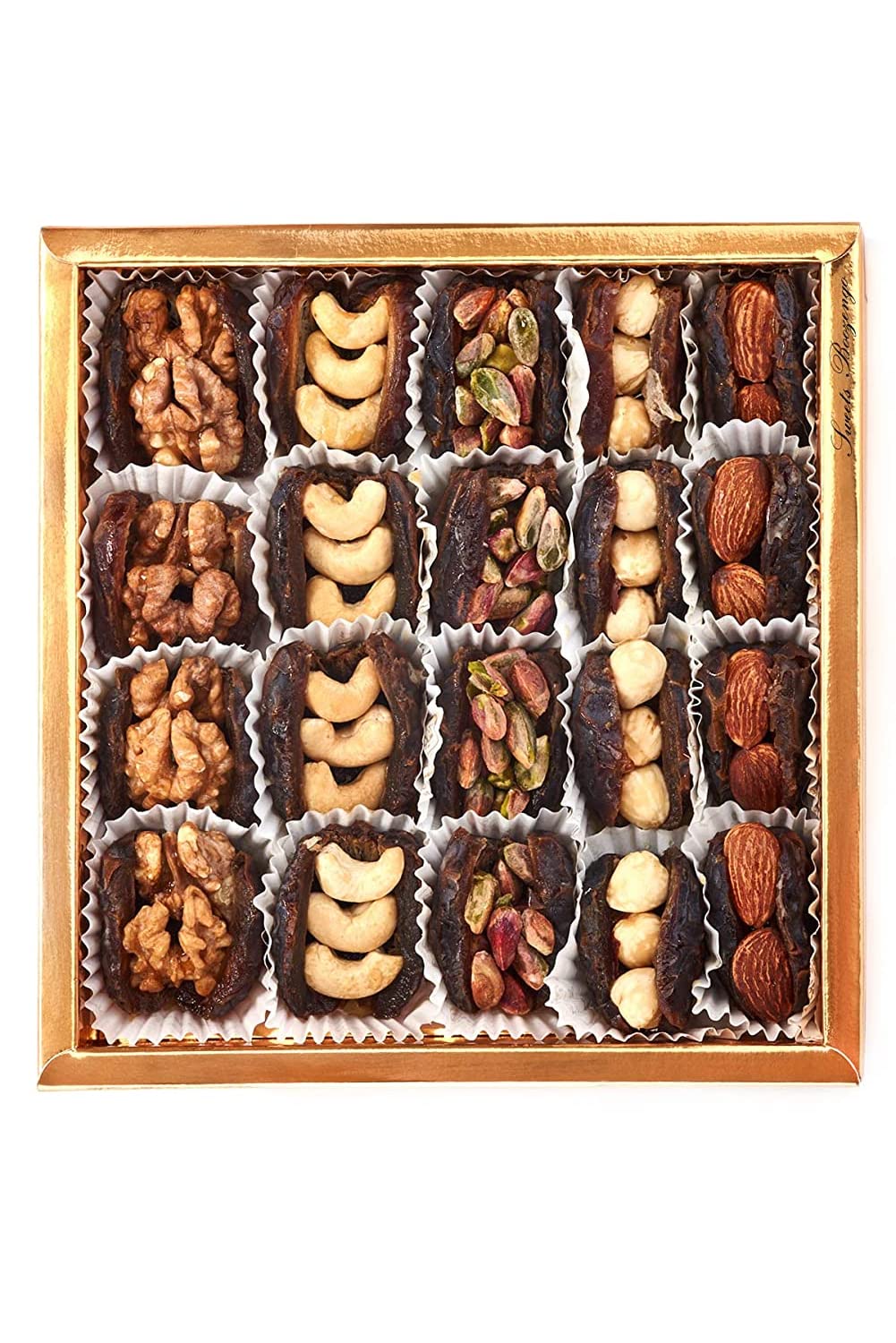 Dátiles medjool rellenos de nueces 400g I Vegano, sin gluten, sin conservantes, sin aditivos I elegante caja de regalo I20 Piezas Postres Gourmet I Dátiles Medjoul rellenos de frutos secos