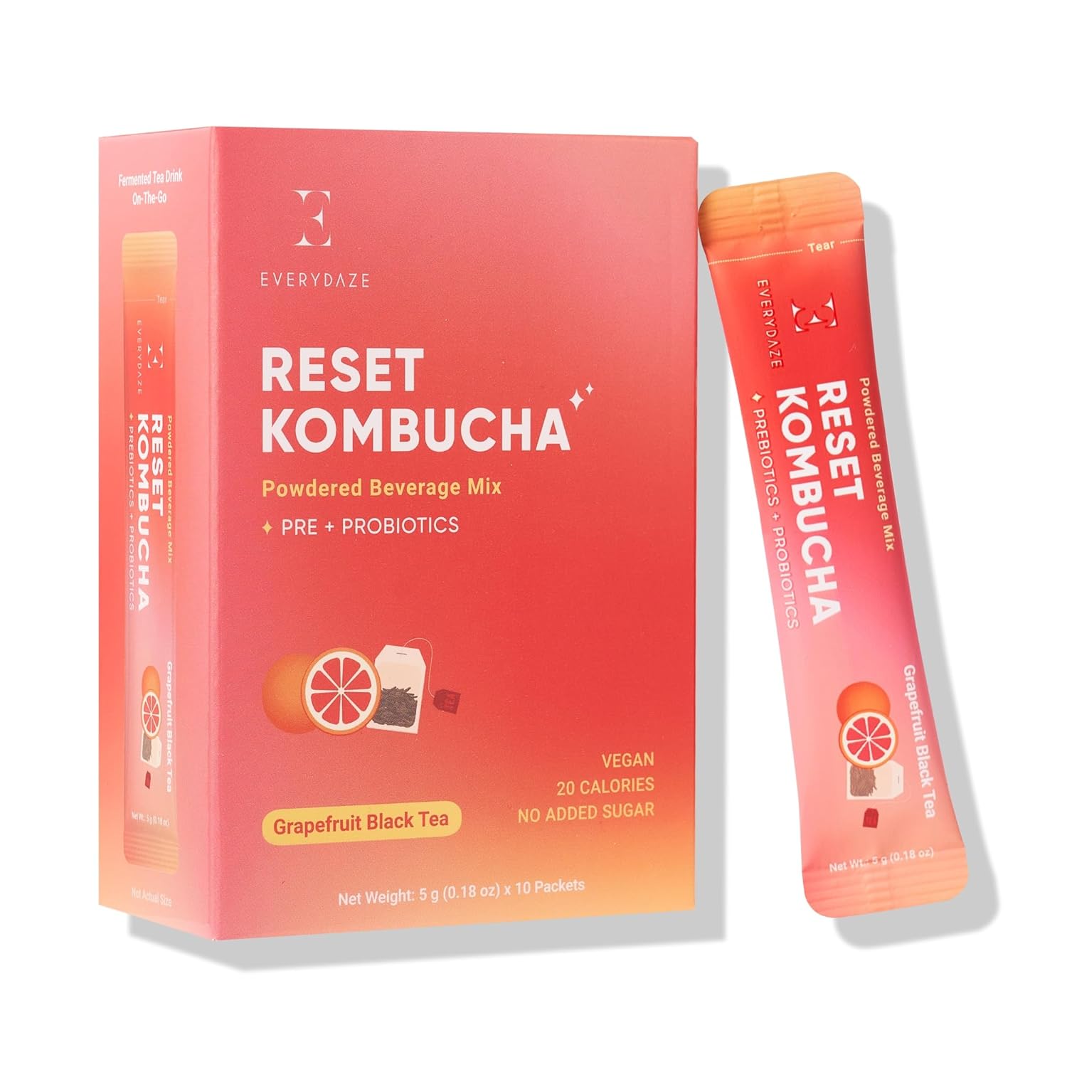 Everydaze Reset Kombucha Tea Powdered Beverage Mix | 10 Sticks | Prebiotics + Probiotics | Vegan | No Added Sugar, Gluten Free, Sparkling Powder Drink Pack (Grapefruit Black Tea)